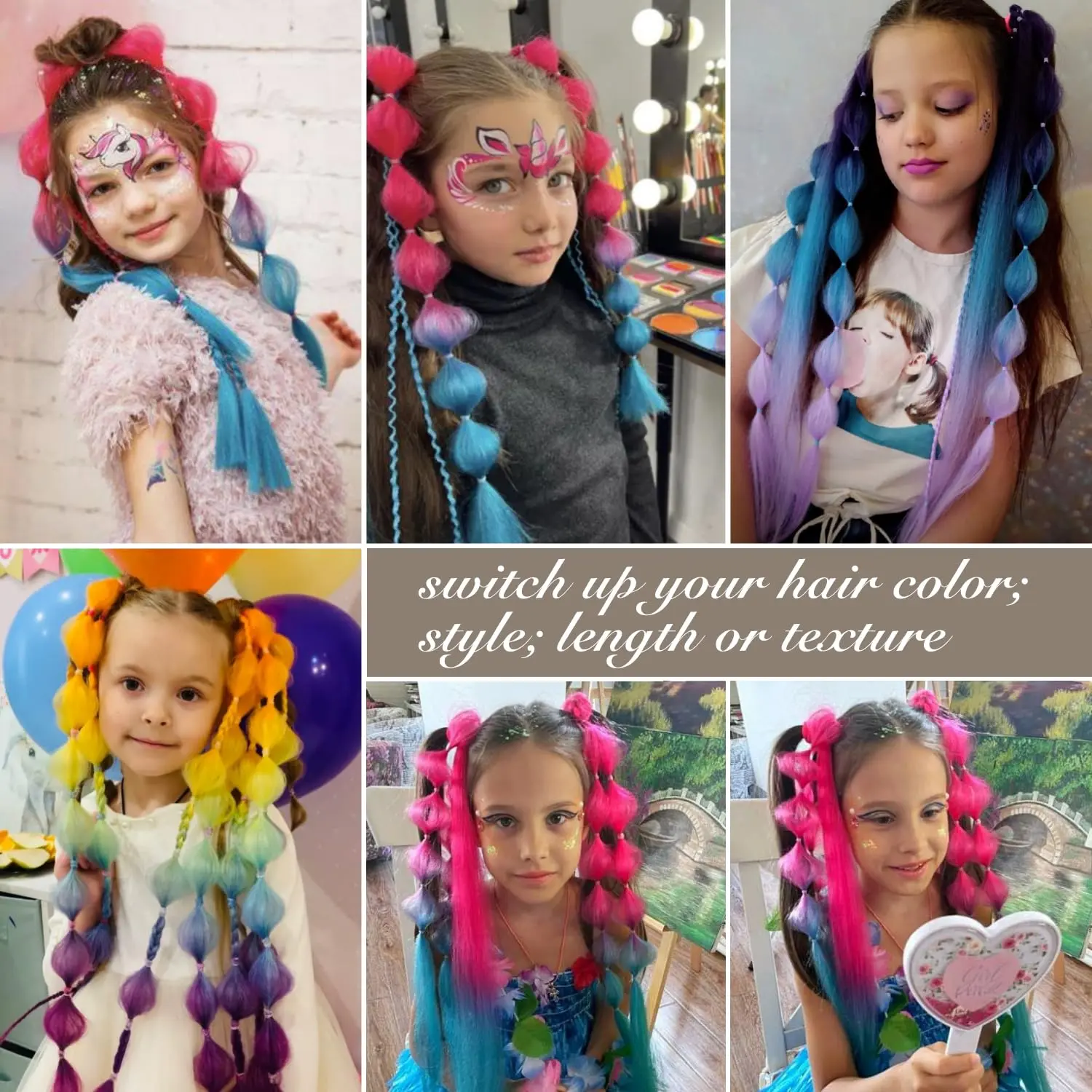 Synthetic 2 Pcs Ponytail Extension Lightweight Colored Hair Extensions for Girls Kids Bubble Ponytail Extension with Hair Tie