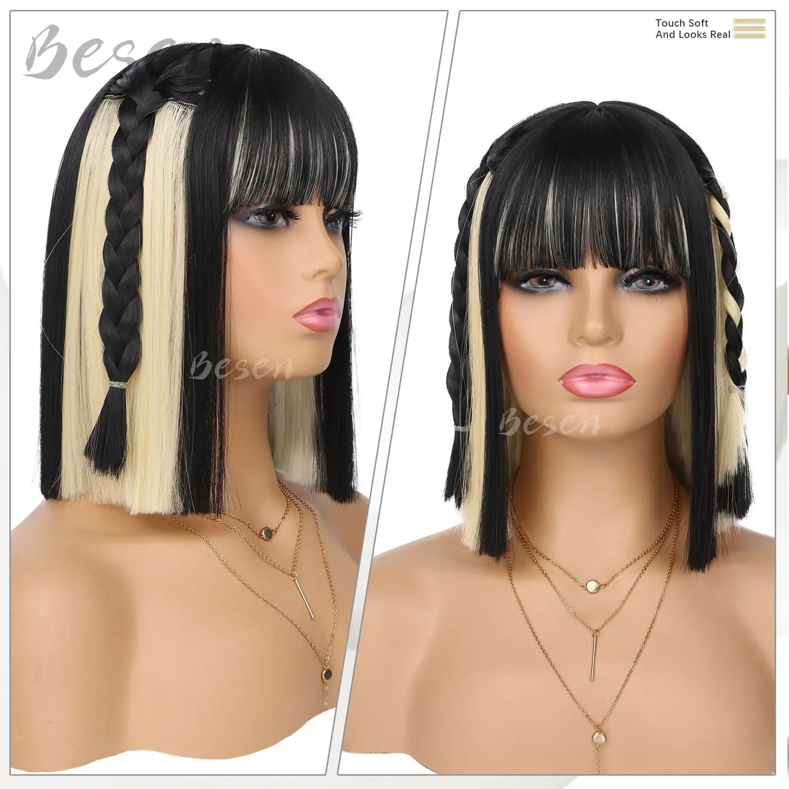 Synthetic Peekaboo Bob Wig with Bangs Short Straight Bob Wig for Women Shoulder Length Wig for Daily Party Use