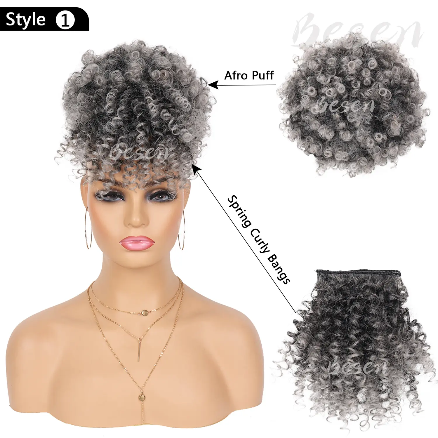 Synthetic Afro Puff Drawstring Ponytail with Replaceable Bangs Short Afro High Puff Bun with 2 Bangs Hair Bun Clip in Hairpieces