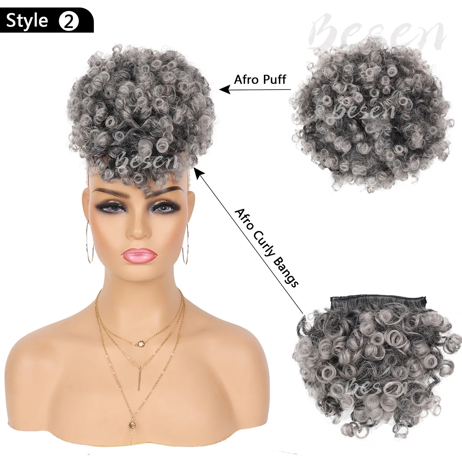 Synthetic Afro Puff Drawstring Ponytail with Replaceable Bangs Short Afro High Puff Bun with 2 Bangs Hair Bun Clip in Hairpieces