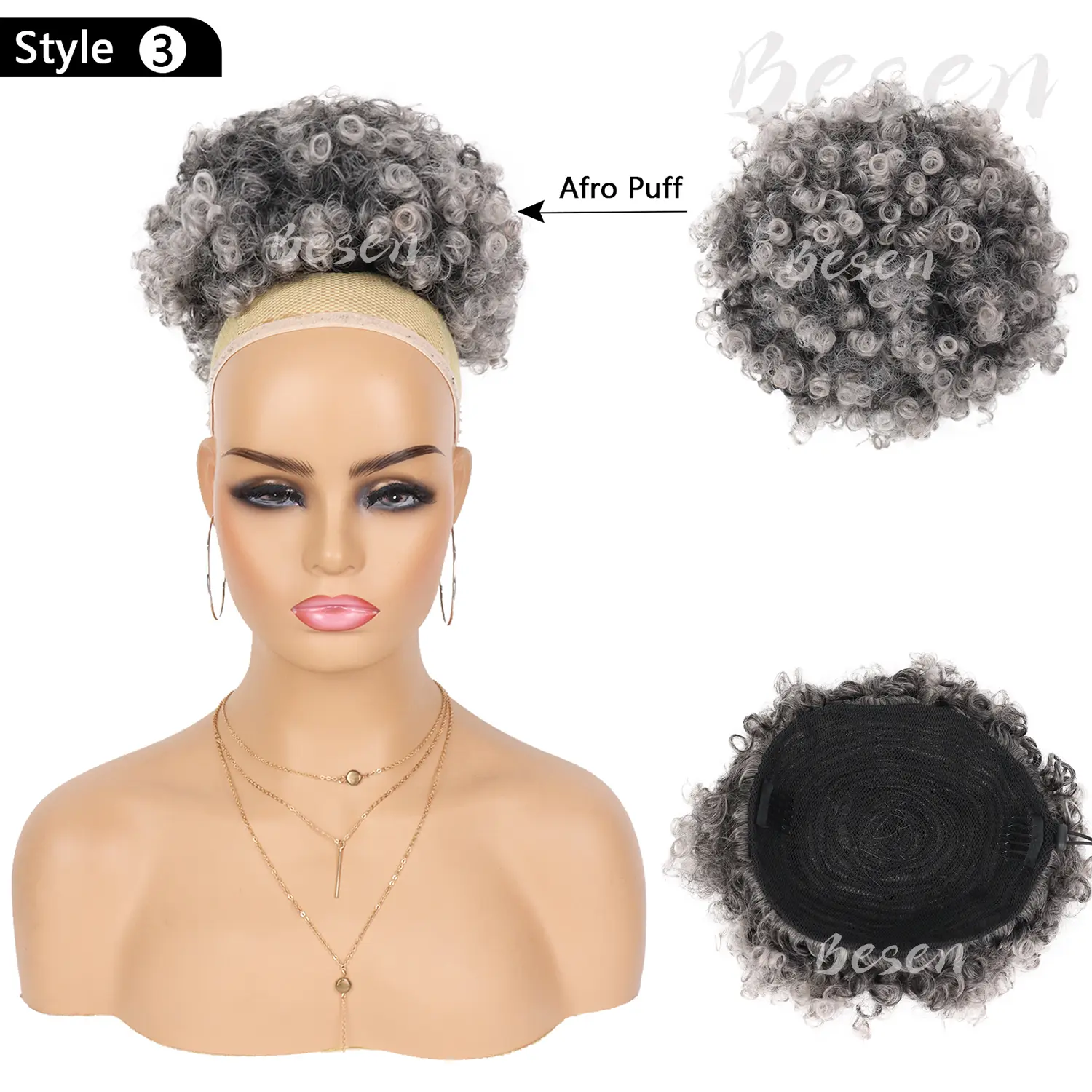 Synthetic Afro Puff Drawstring Ponytail with Replaceable Bangs Short Afro High Puff Bun with 2 Bangs Hair Bun Clip in Hairpieces