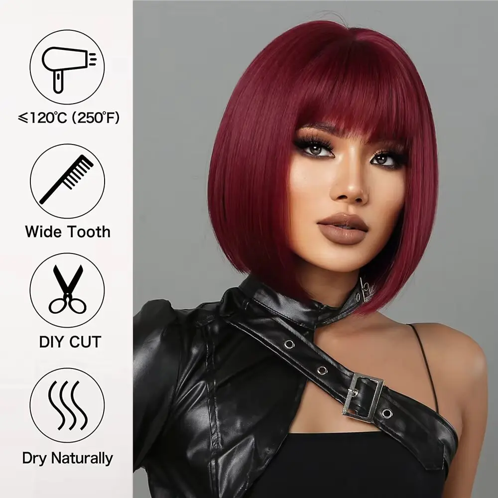 Synthetic Short Wine Red Wigs Straight Wig with Bangs Bob Hair for Women Cosplay Party Heat Resistant, Multi-colored Bob Wigs  ﻿