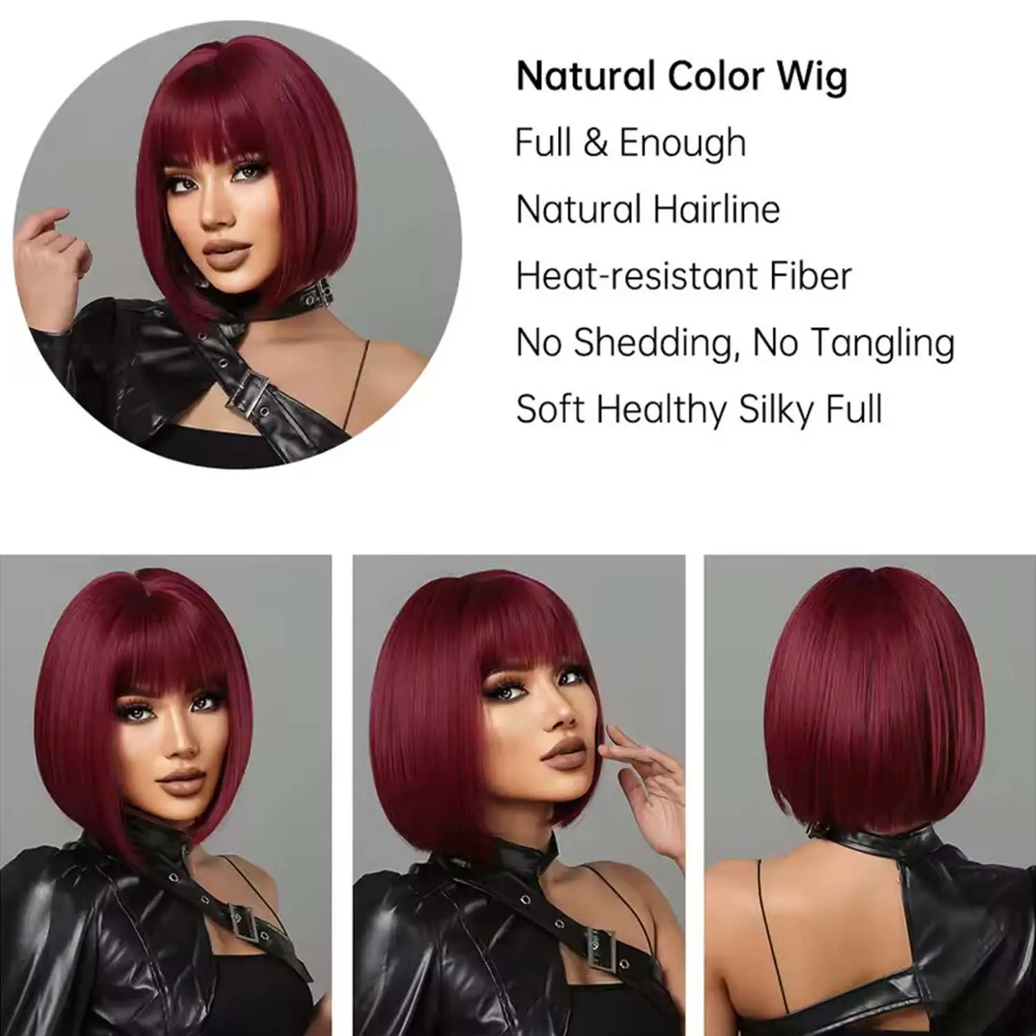Synthetic Short Wine Red Wigs Straight Wig with Bangs Bob Hair for Women Cosplay Party Heat Resistant, Multi-colored Bob Wigs  ﻿