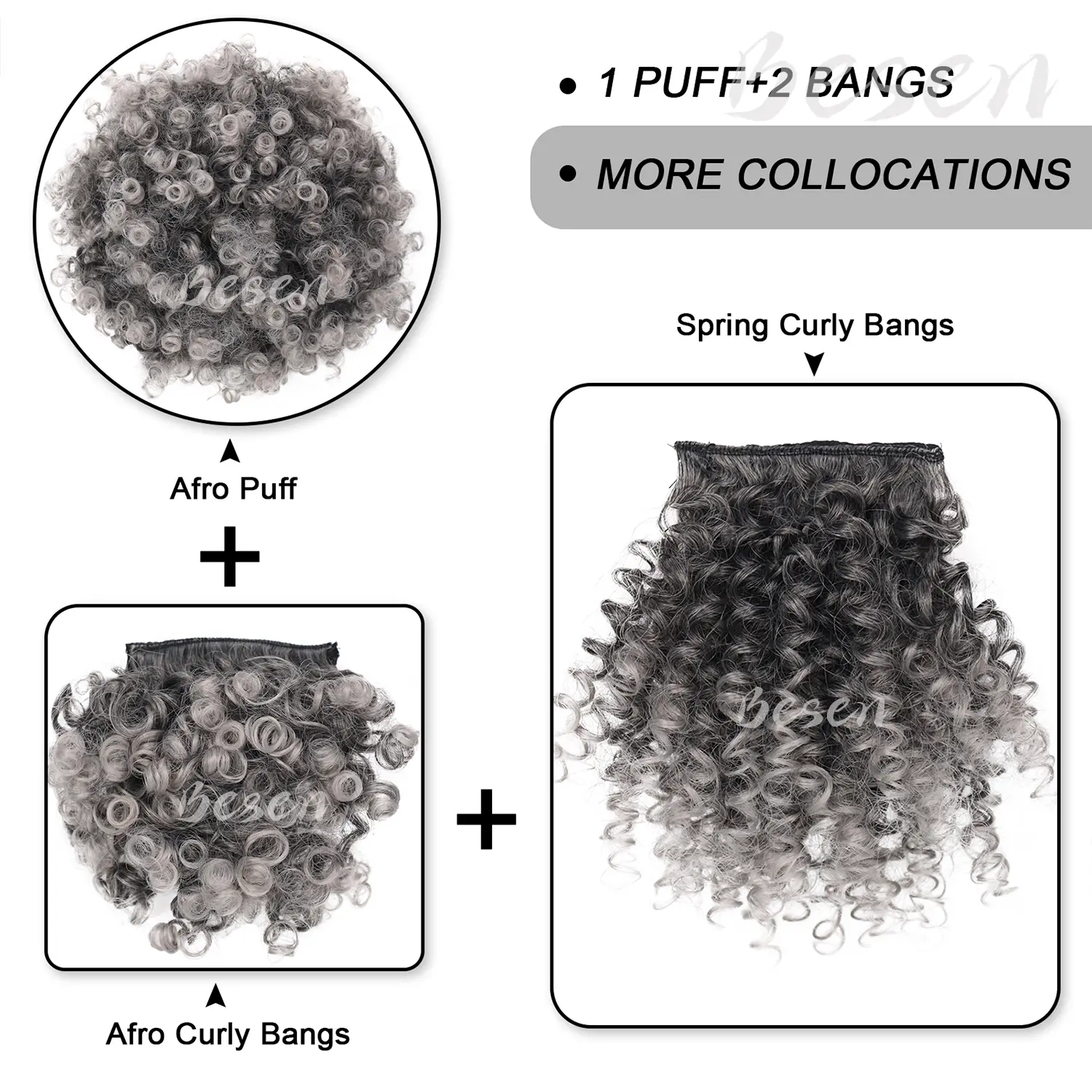 Synthetic Afro Puff Drawstring Ponytail with Replaceable Bangs Short Afro High Puff Bun with 2 Bangs Hair Bun Clip in Hairpieces