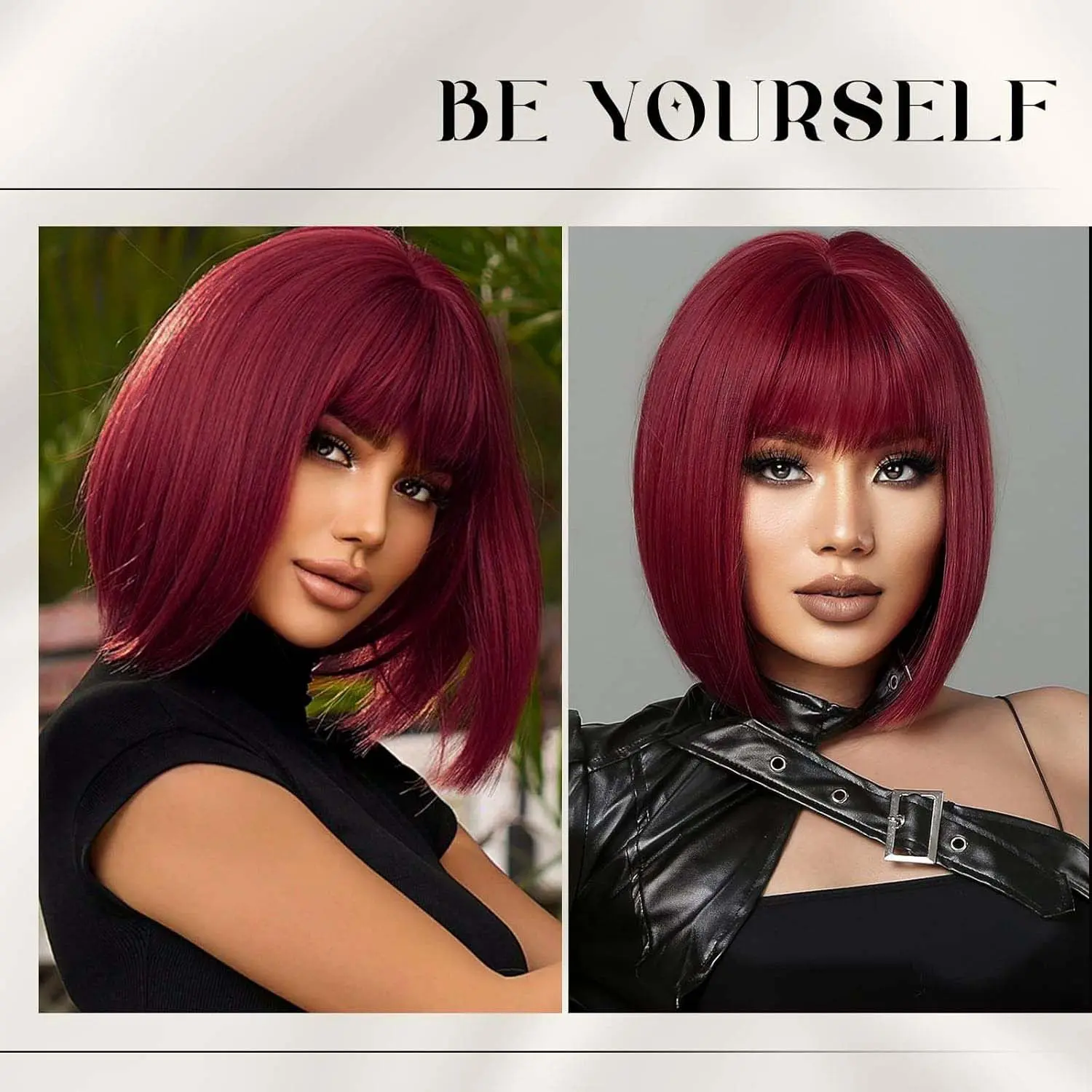 Synthetic Short Wine Red Wigs Straight Wig with Bangs Bob Hair for Women Cosplay Party Heat Resistant, Multi-colored Bob Wigs  ﻿
