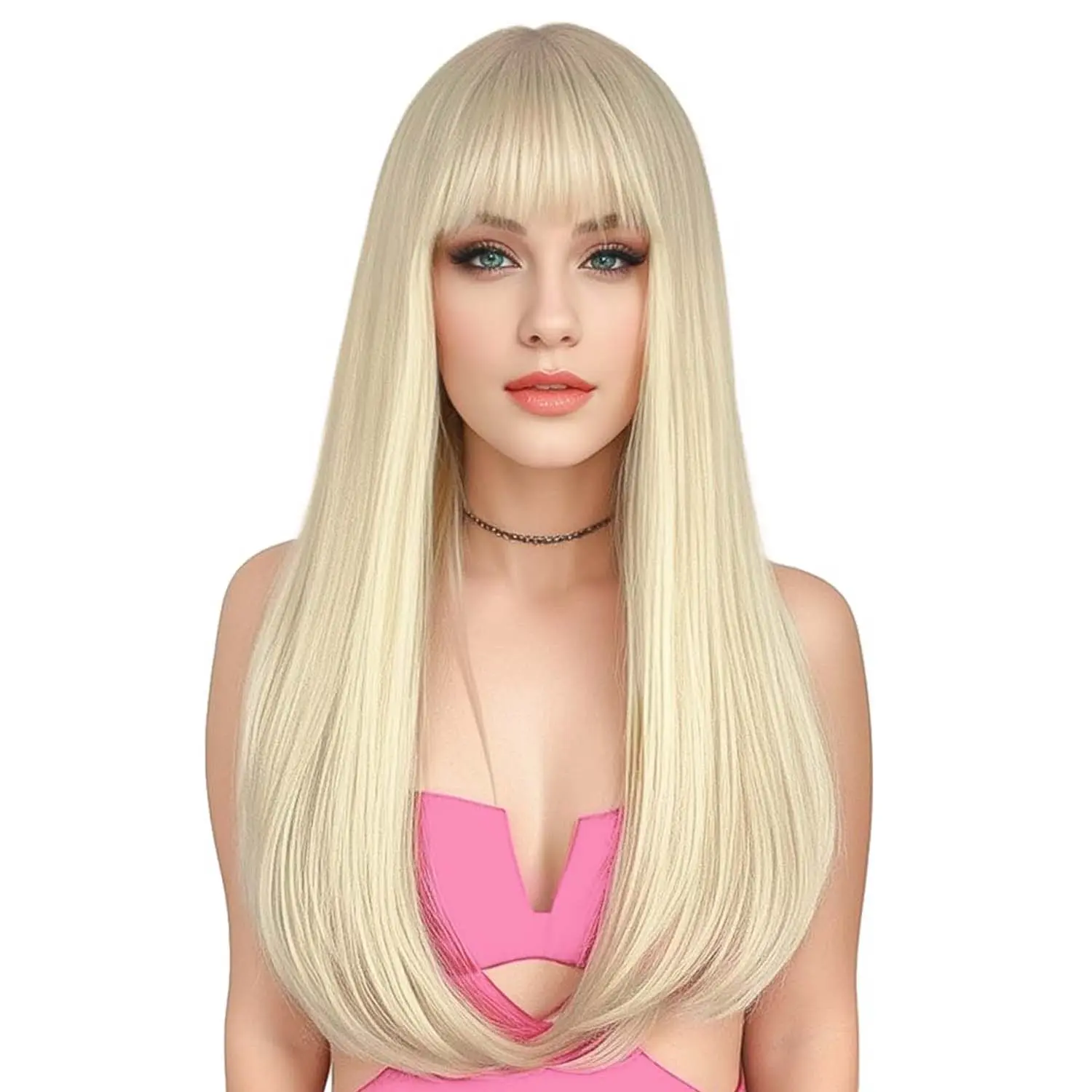 Synthetic Long Straight Wigs with Bangs Heat Resistant Women Wig for Daily Party Christmas Halloween Use 22"(Black,Brown,Blonde)