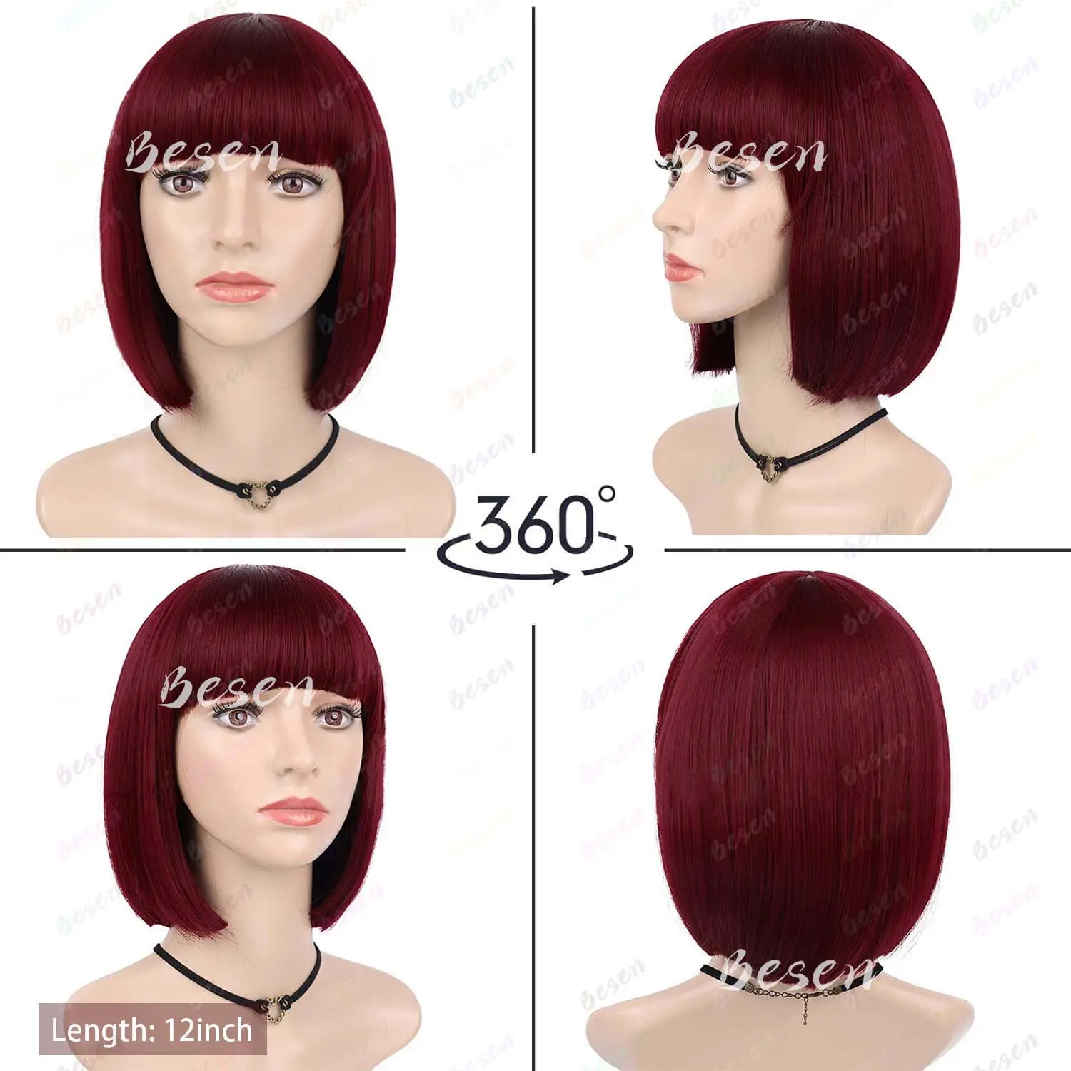 Synthetic Short Wine Red Wigs Straight Wig with Bangs Bob Hair for Women Cosplay Party Heat Resistant, Multi-colored Bob Wigs  ﻿