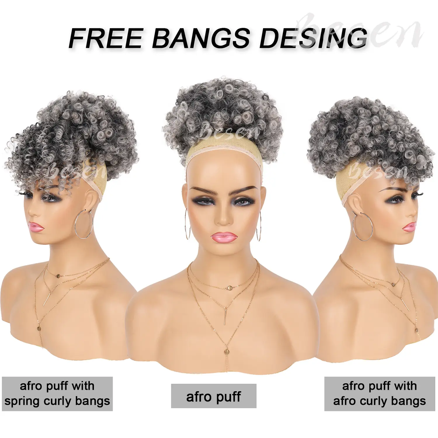 Synthetic Afro Puff Drawstring Ponytail with Replaceable Bangs Short Afro High Puff Bun with 2 Bangs Hair Bun Clip in Hairpieces