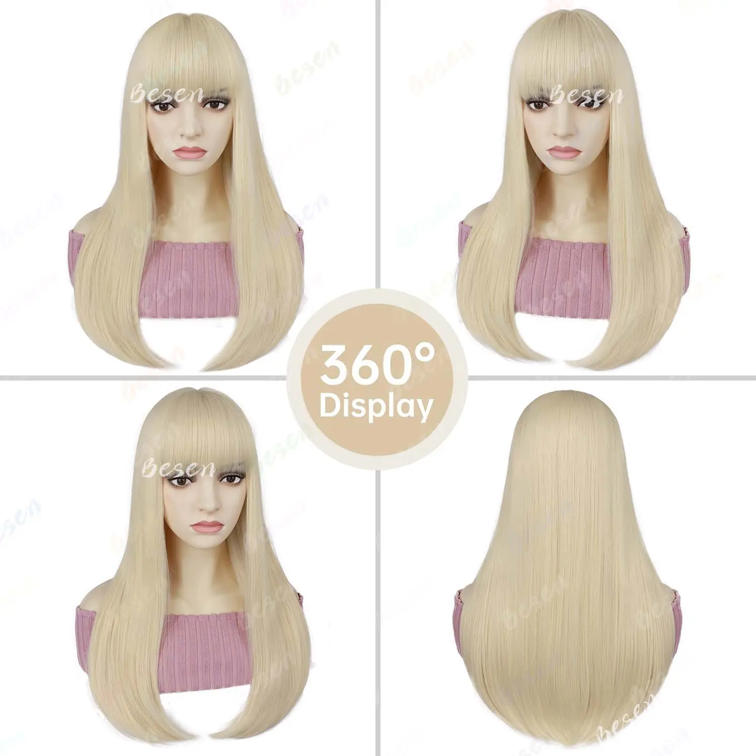 Synthetic Long Straight Wigs with Bangs Heat Resistant Women Wig for Daily Party Christmas Halloween Use 22"(Black,Brown,Blonde)