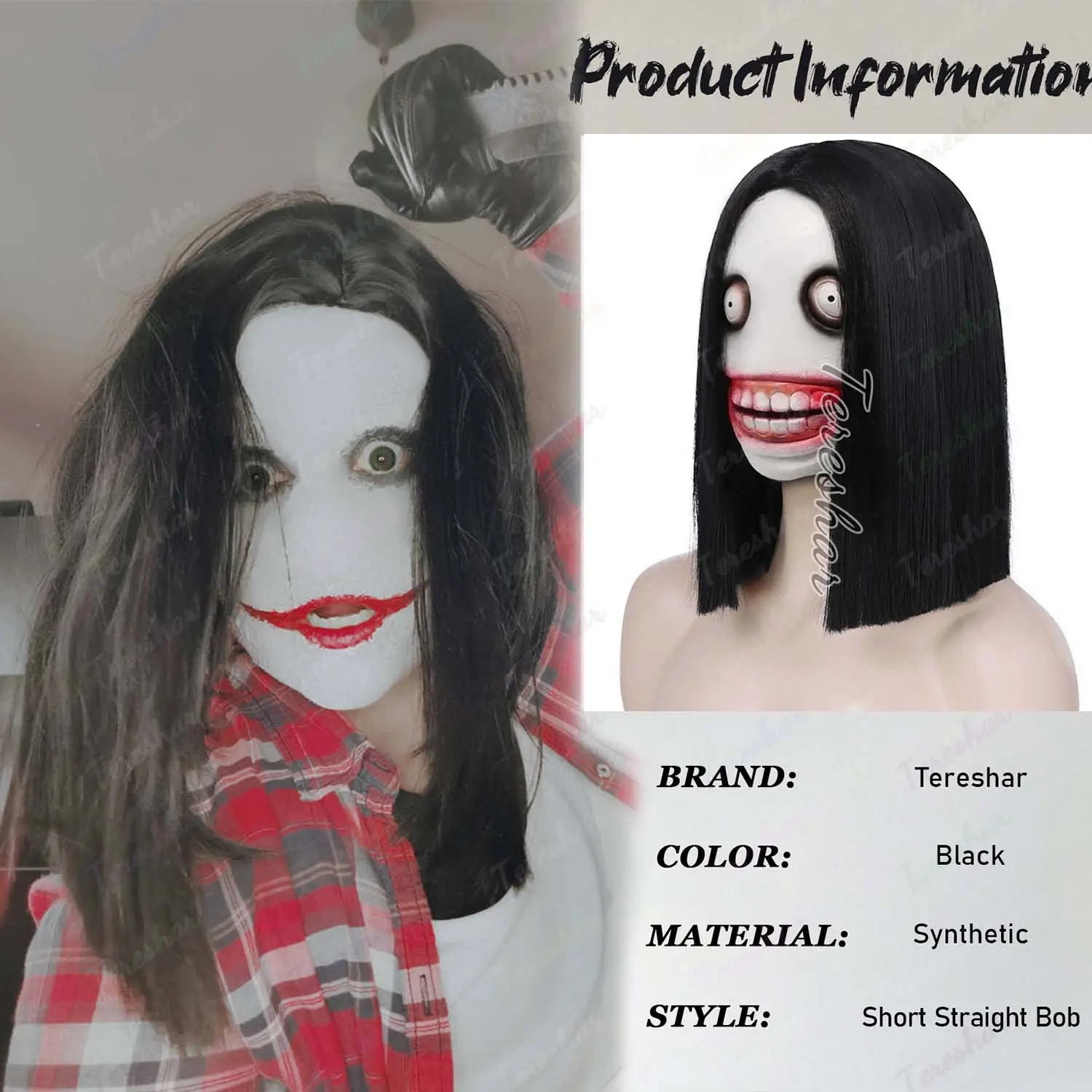 Synthetic Halloween Horror Devil Cosplay Wig Smile Face Ghost Party Prop Exorcism Long Hair Wig Anime Realistic Mechanism Wig