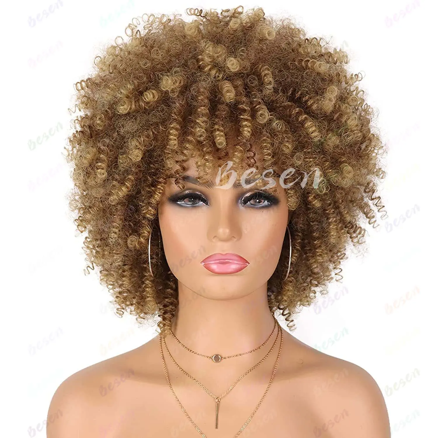 Synthetic Afro Wig for Black Women Kinky Curly Wig Short Curly Wig with Bangs Curly Hair Wig for Daily Party, Multi-colored Wig