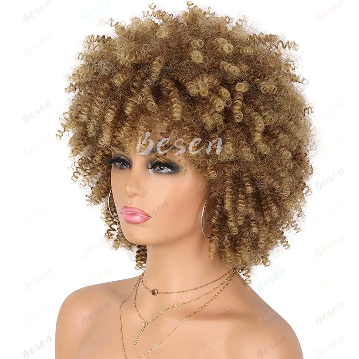 Synthetic Afro Wig for Black Women Kinky Curly Wig Short Curly Wig with Bangs Curly Hair Wig for Daily Party, Multi-colored Wig