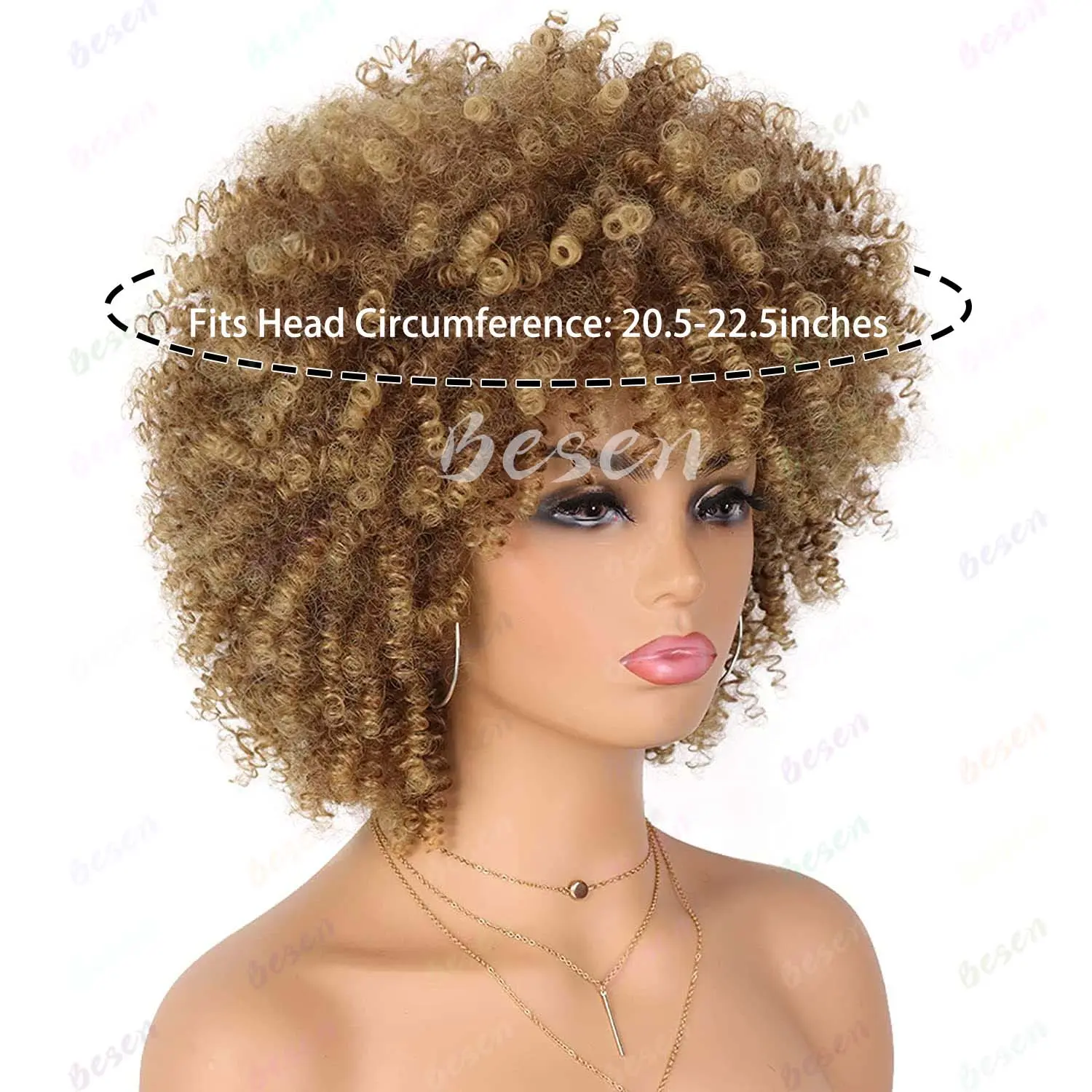 Synthetic Afro Wig for Black Women Kinky Curly Wig Short Curly Wig with Bangs Curly Hair Wig for Daily Party, Multi-colored Wig