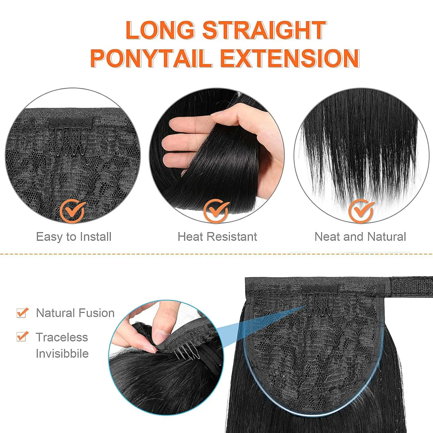 Synthetic 24" Long Straight Wrap Around Clip In Ponytail Hair Extension Heat Pony Tail for Women Fake Hair