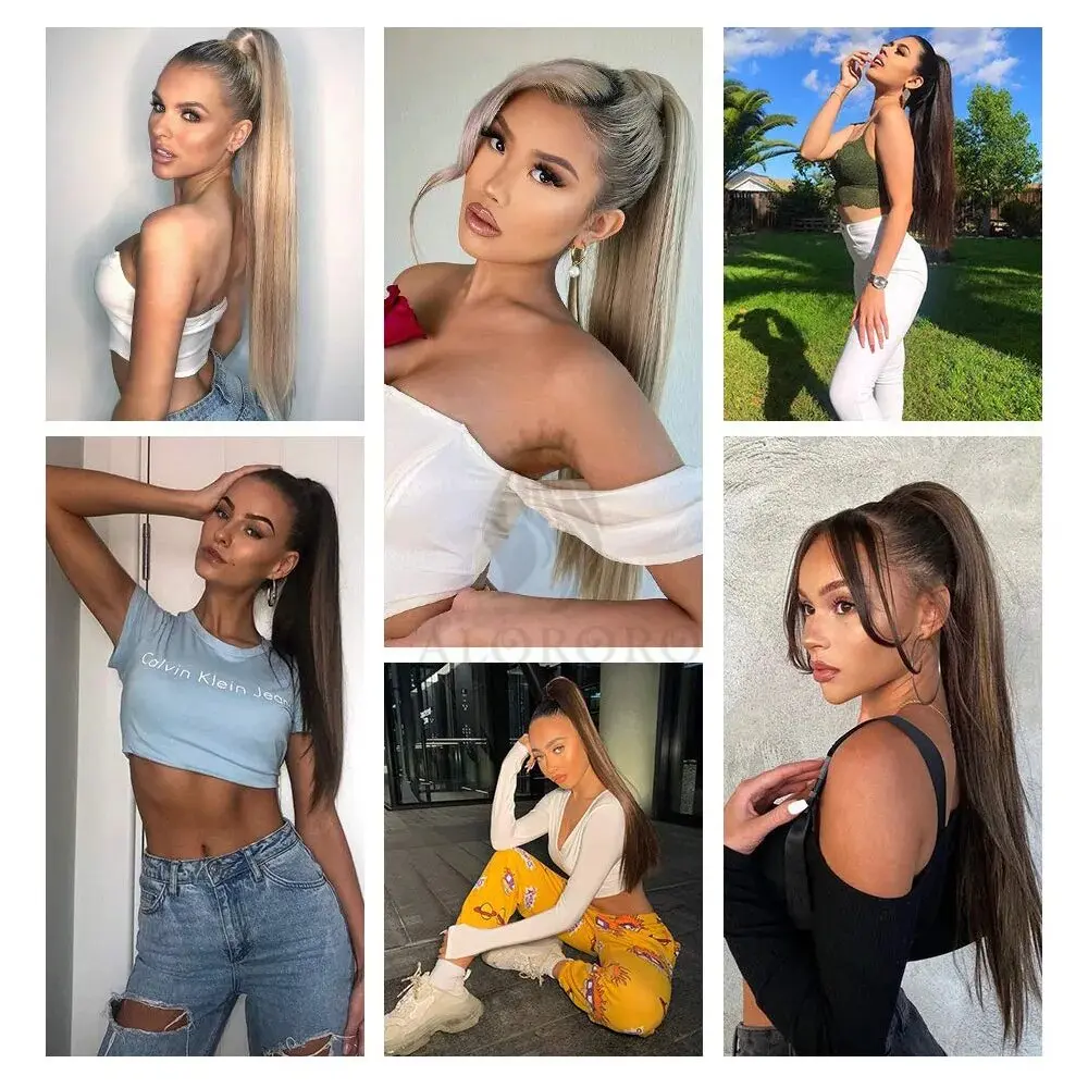 Synthetic 24" Long Straight Wrap Around Clip In Ponytail Hair Extension Heat Pony Tail for Women Fake Hair
