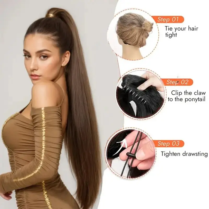 Synthetic Long Straight Claw Clip On Ponytail Hair Extensions 22Inch Heat Resistant Pony Tail Hair Piece for Women Daily Party