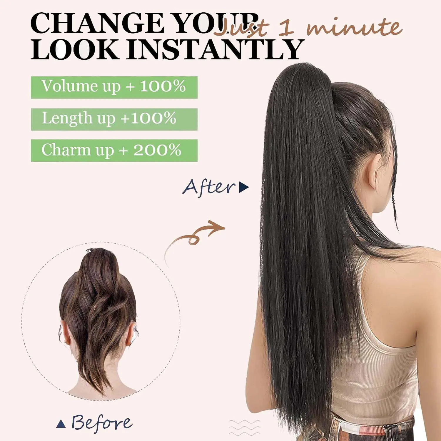 Synthetic Long Straight Claw Clip On Ponytail Hair Extensions 22Inch Heat Resistant Pony Tail Hair Piece for Women Daily Party