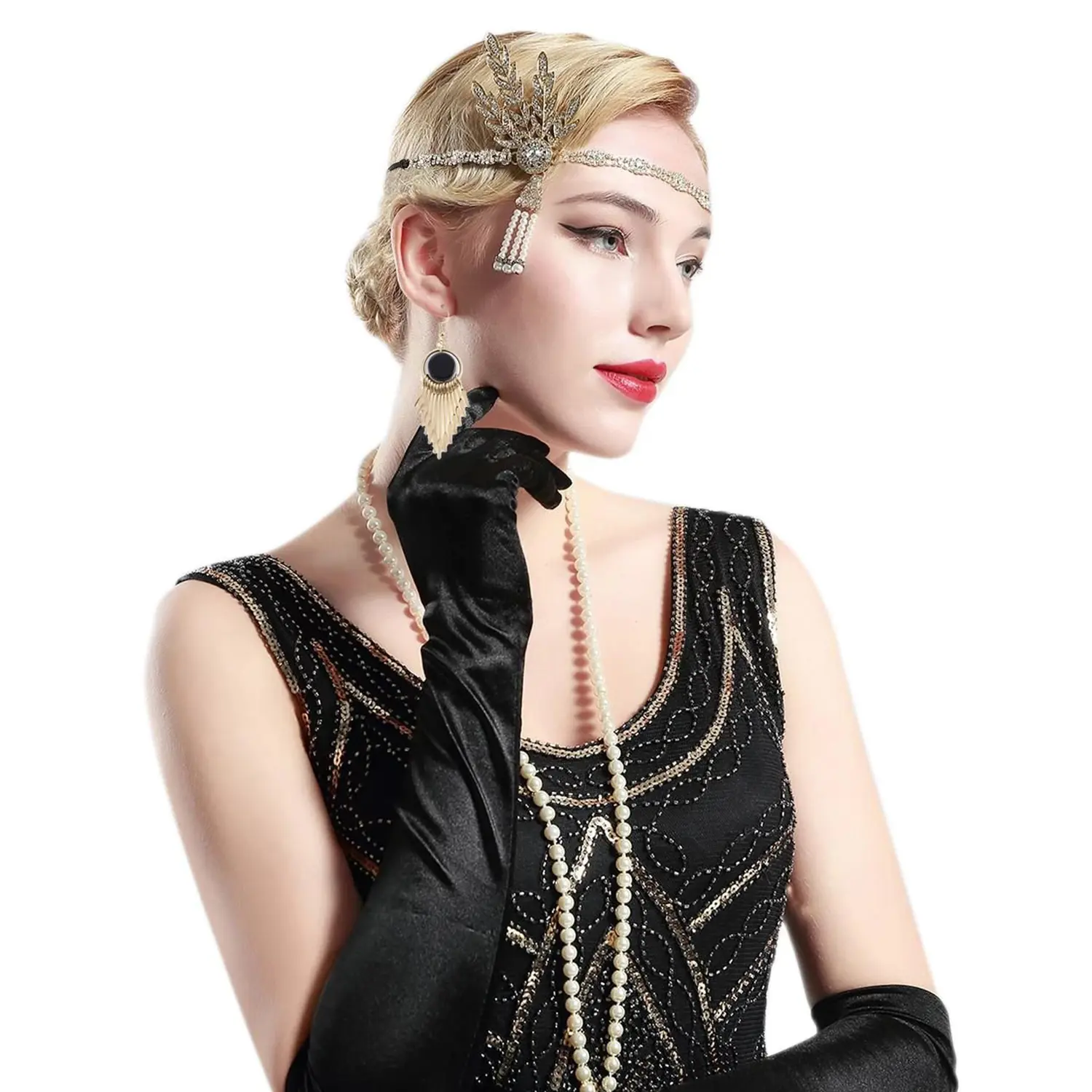 1920s Flapper Accessories Gatsby Costume Accessories Set 20s Flapper Headband Pearl Necklace Gloves Plastic Holder for Women