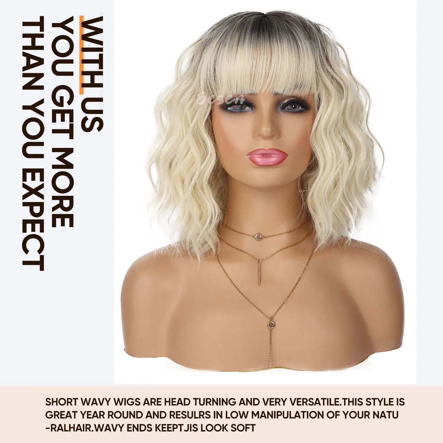 Synthetic Short Curly Wigs for Women Wavy Bob Wig with Bangs Medium Length Hair Water Wave Wig Colorful Wigs