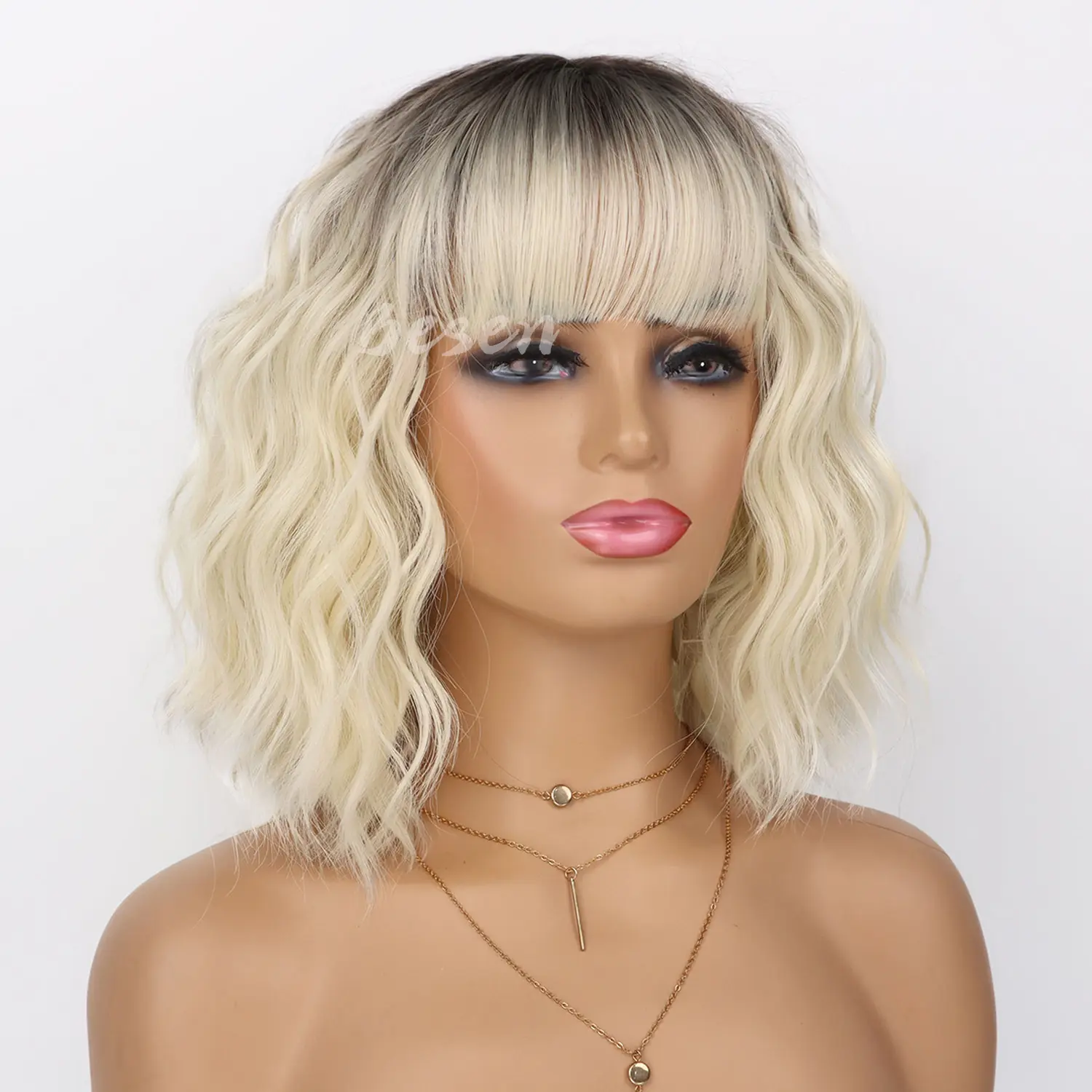 Synthetic Short Curly Wigs for Women Wavy Bob Wig with Bangs Medium Length Hair Water Wave Wig Colorful Wigs