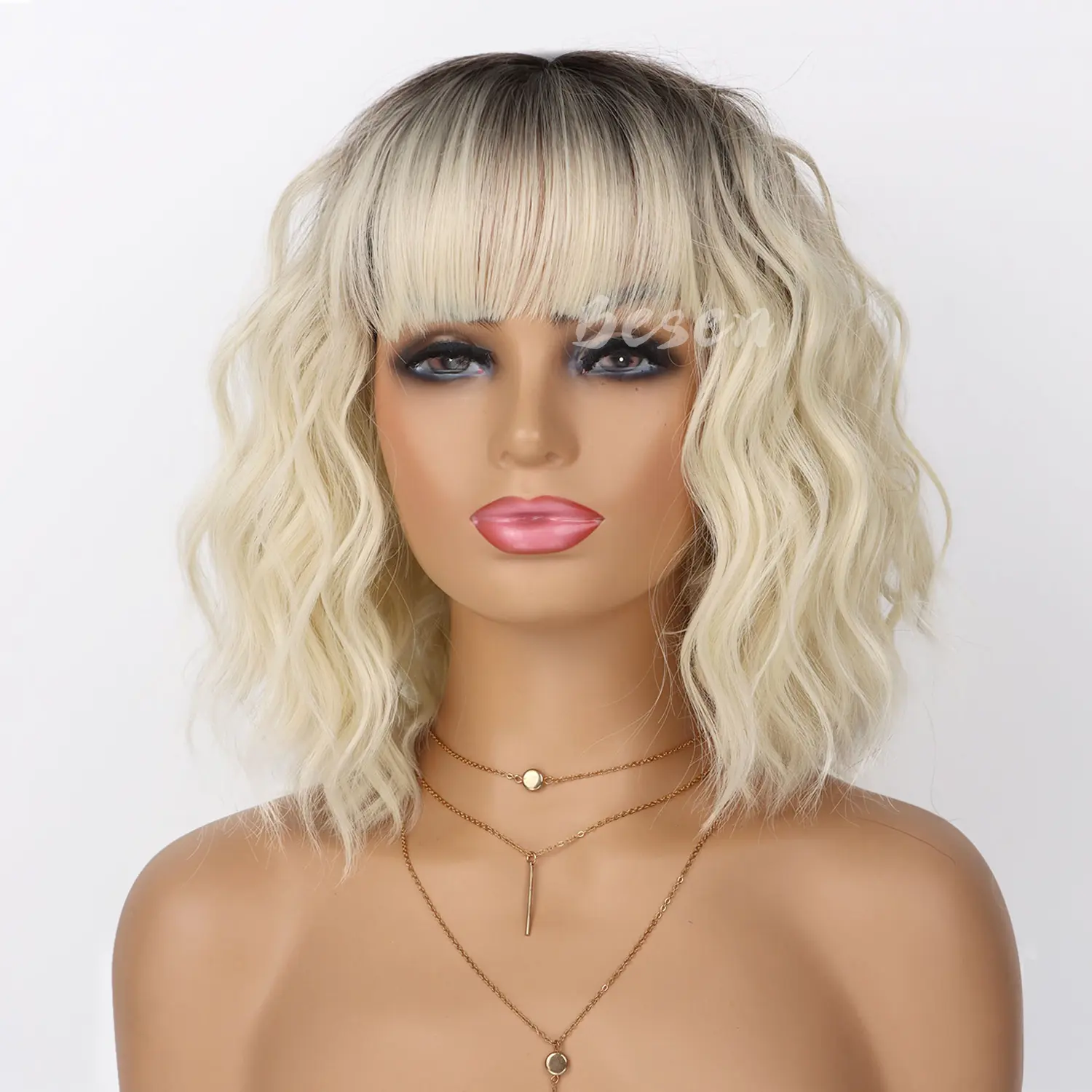Synthetic Short Curly Wigs for Women Wavy Bob Wig with Bangs Medium Length Hair Water Wave Wig Colorful Wigs