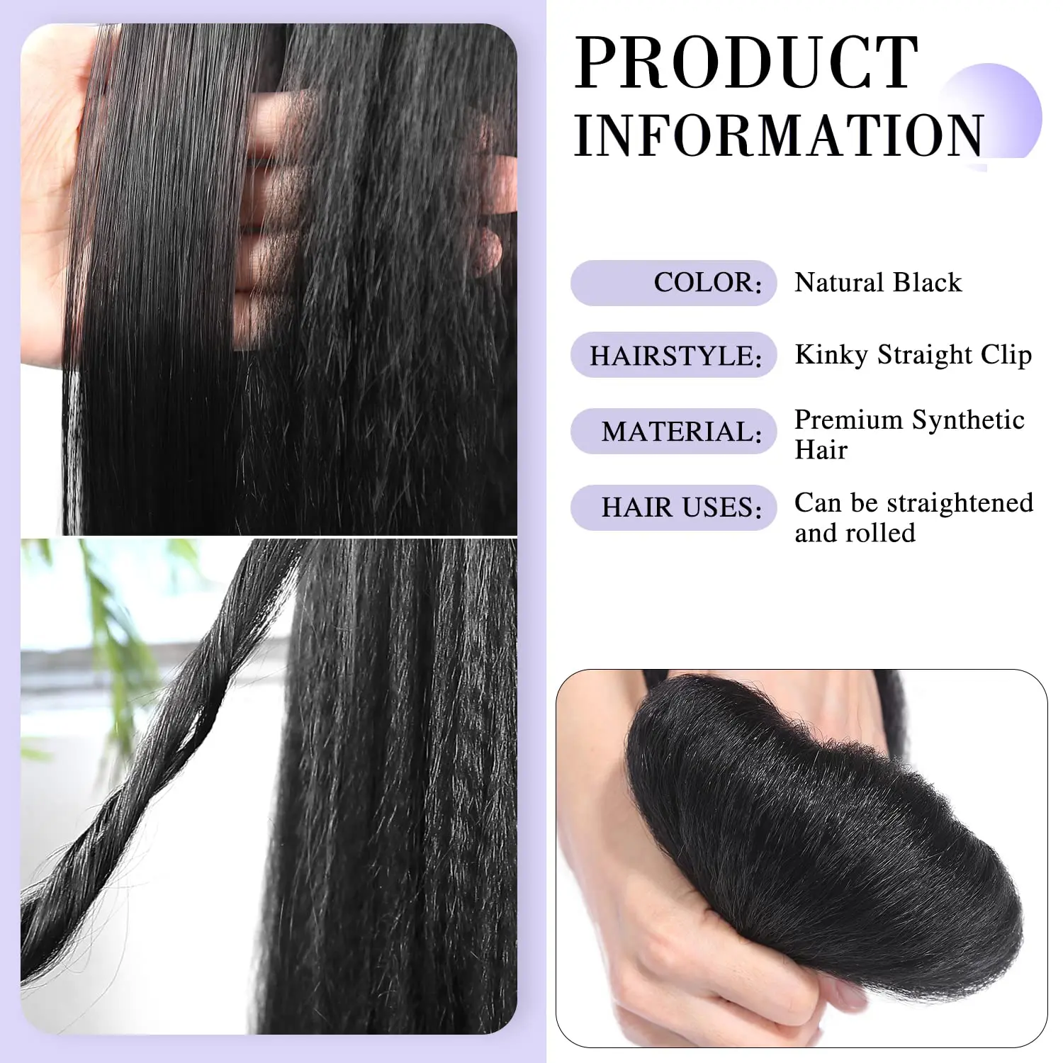 Synthetic Yaki Clip In Hair Extensions Yaki Straight 7Pcs/set 16Clip-In Hairpieces for Black Women Daily Use, Multiple Inches