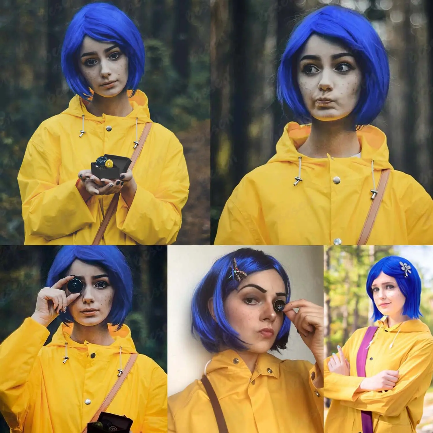 Synthetic Dark Blue Bob Wig with Bangs+Dragonfly Hairpin+Key Necklace, Short Black Bob for Party Halloween Cosplay Costume Wig