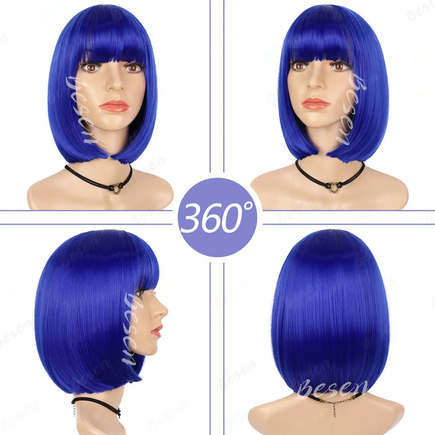 Synthetic Dark Blue Bob Wig with Bangs+Dragonfly Hairpin+Key Necklace, Short Black Bob for Party Halloween Cosplay Costume Wig