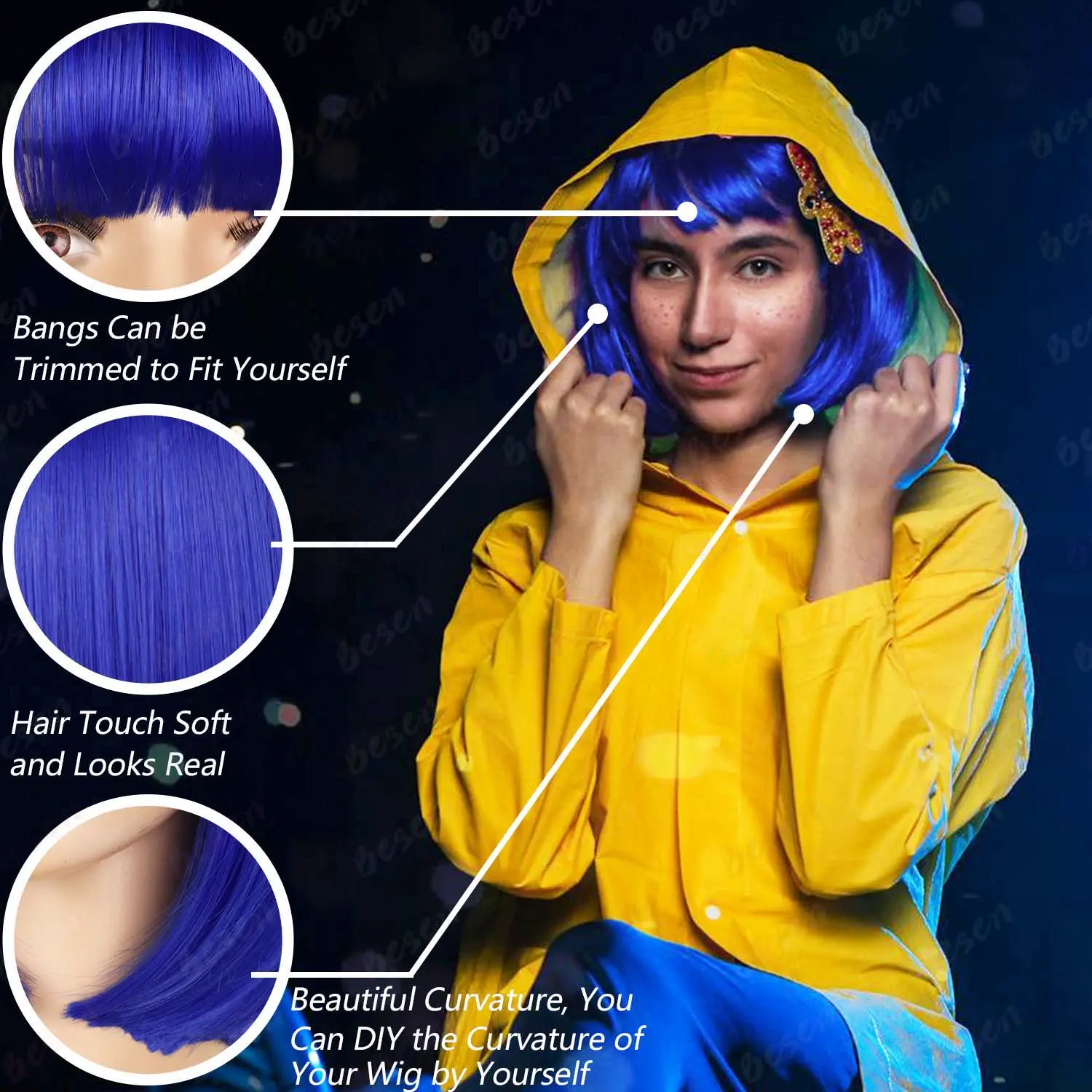 Synthetic Dark Blue Bob Wig with Bangs+Dragonfly Hairpin+Key Necklace, Short Black Bob for Party Halloween Cosplay Costume Wig