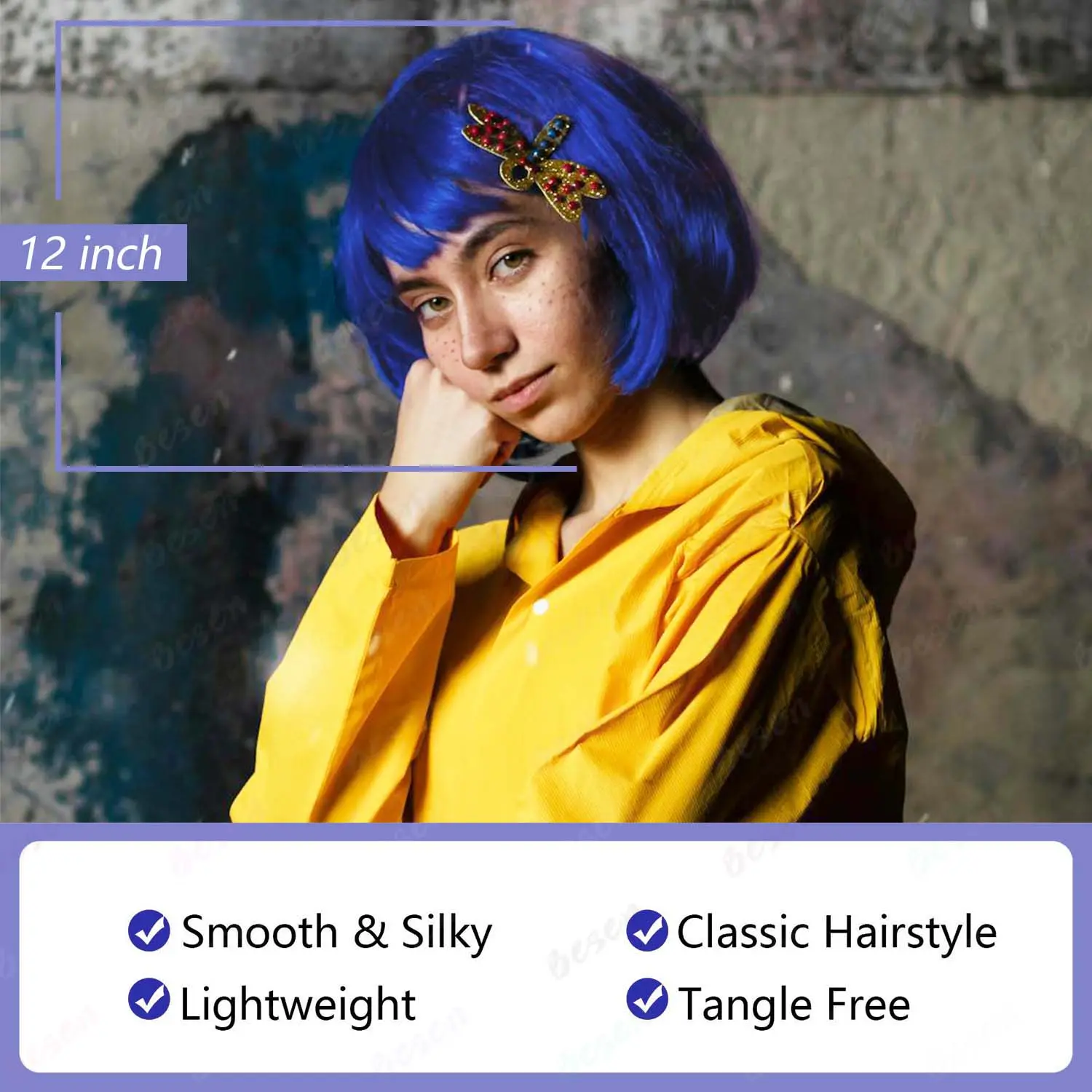 Synthetic Dark Blue Bob Wig with Bangs+Dragonfly Hairpin+Key Necklace, Short Black Bob for Party Halloween Cosplay Costume Wig