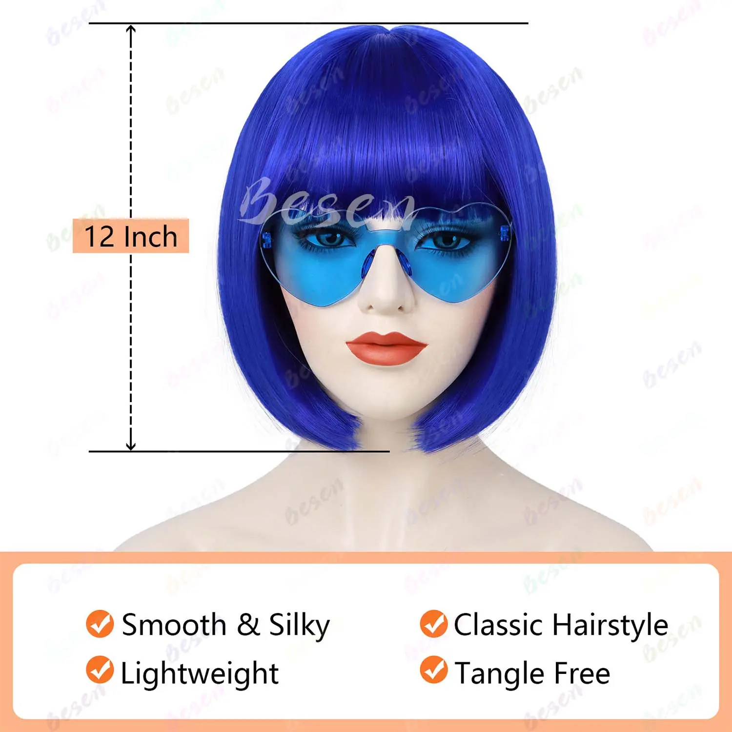 Synthetic Blue Bob Wig+Sunglasses for Women Short Straight Bob Wig with Bangs, 12 Inch Colorful Funny Wig for Party Cosplay Use