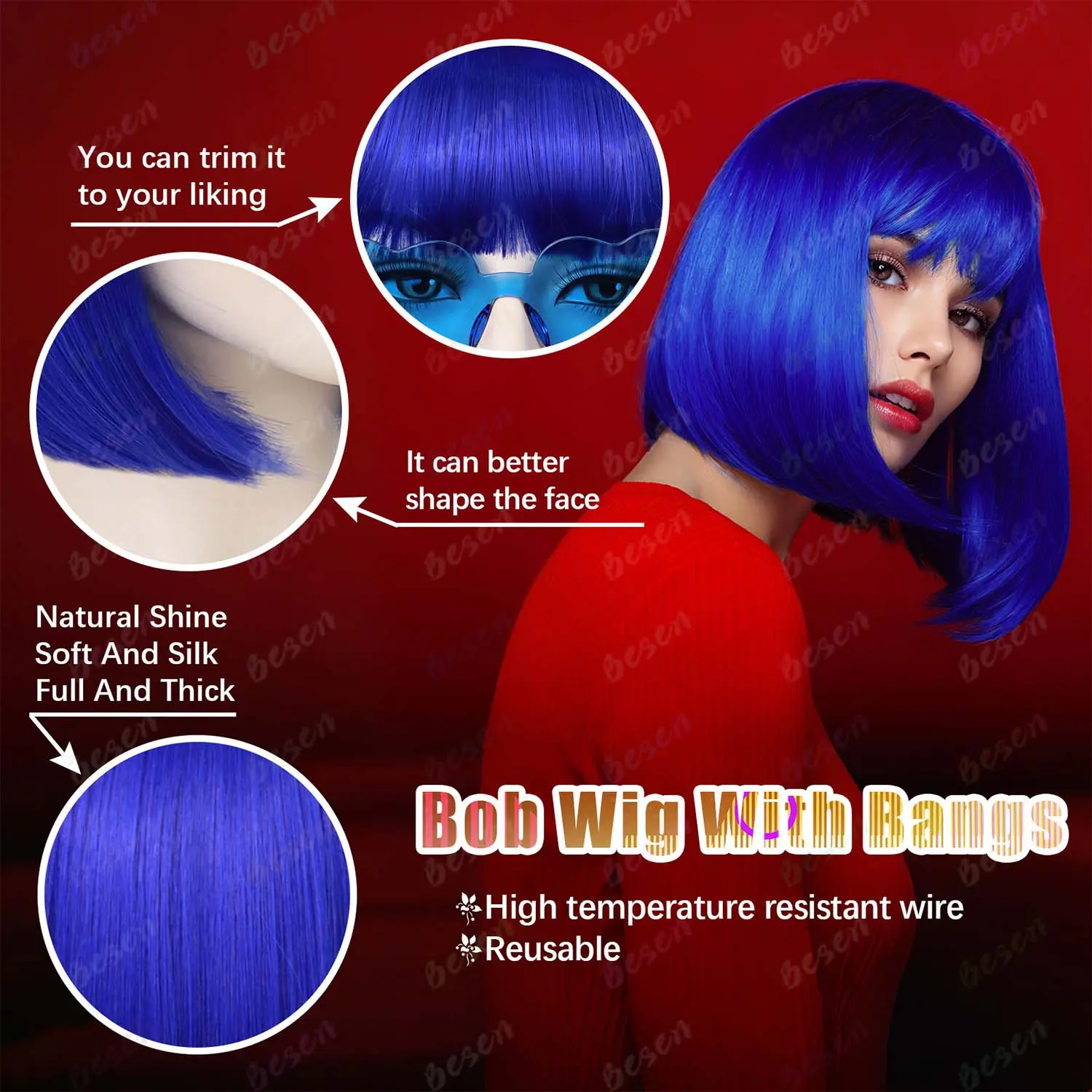 Synthetic Blue Bob Wig+Sunglasses for Women Short Straight Bob Wig with Bangs, 12 Inch Colorful Funny Wig for Party Cosplay Use