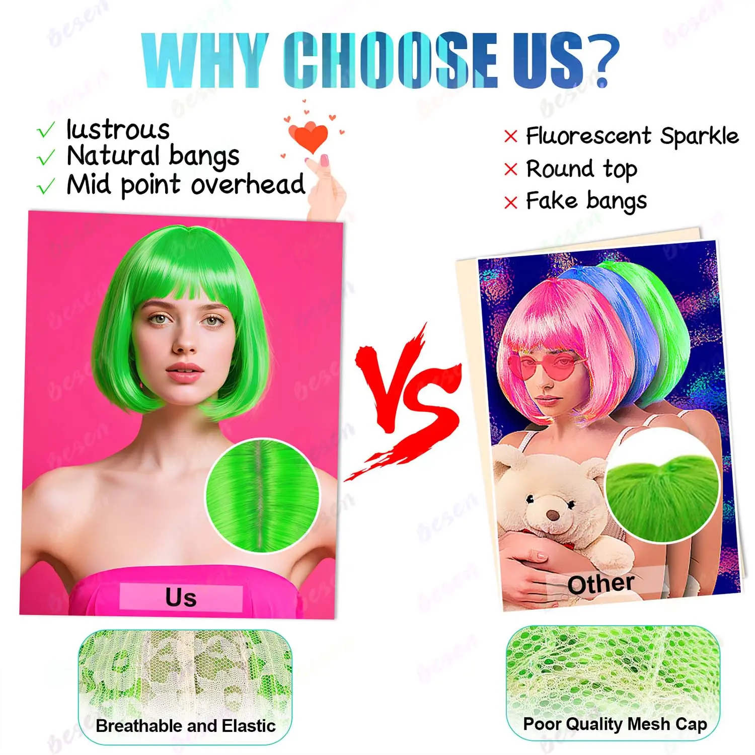 Synthetic Blue Bob Wig+Sunglasses for Women Short Straight Bob Wig with Bangs, 12 Inch Colorful Funny Wig for Party Cosplay Use