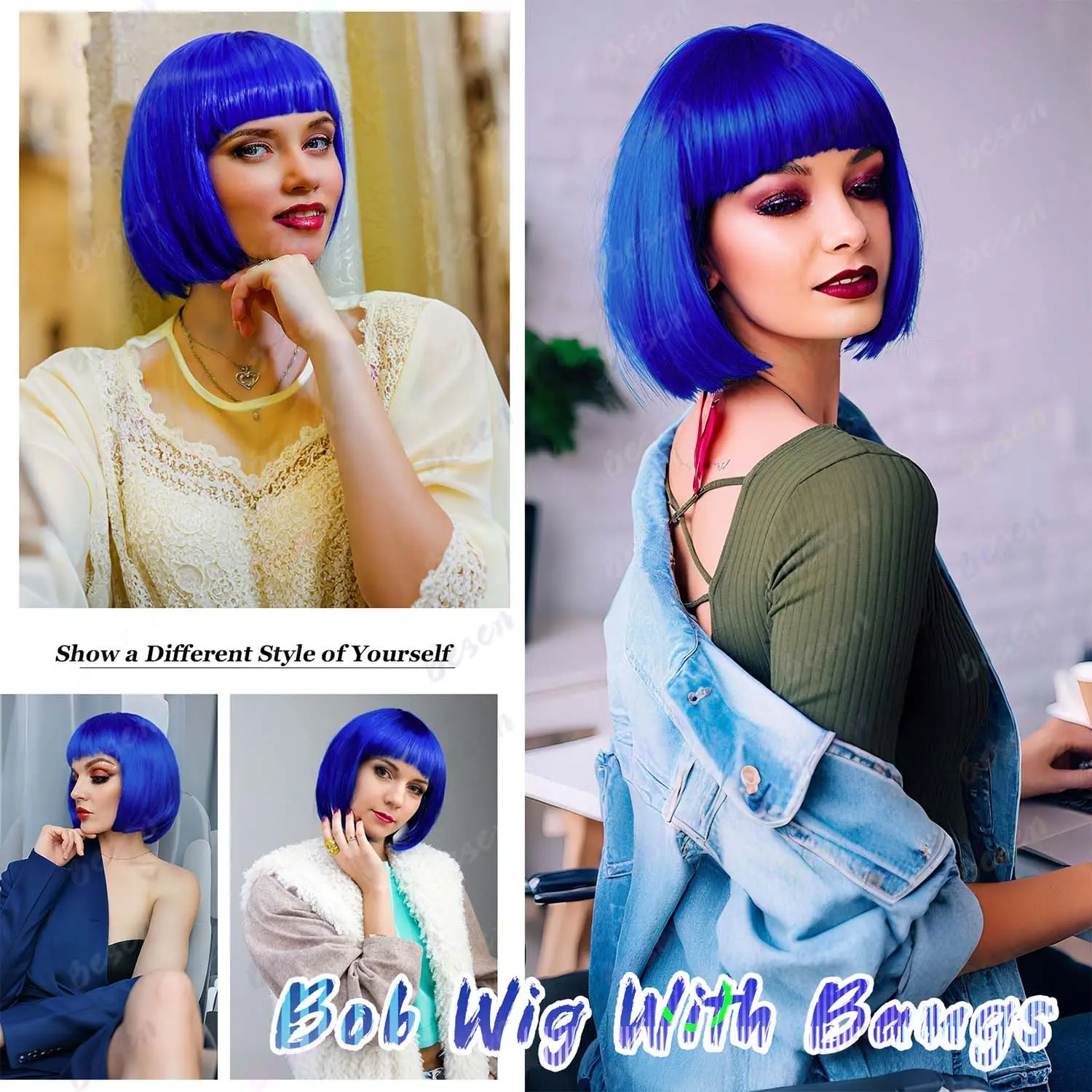 Synthetic Blue Bob Wig+Sunglasses for Women Short Straight Bob Wig with Bangs, 12 Inch Colorful Funny Wig for Party Cosplay Use