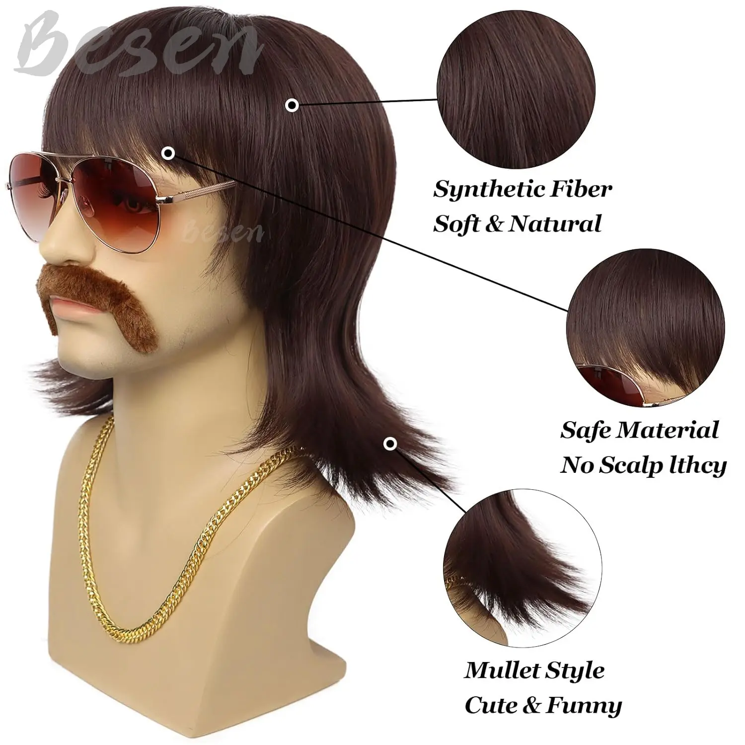 Synthetic 70s 80s Disco Wig Short Brown Mens Mullet Wig for 60s Rocker Singer Hippies Shaggy Costume Cosplay Halloween Party