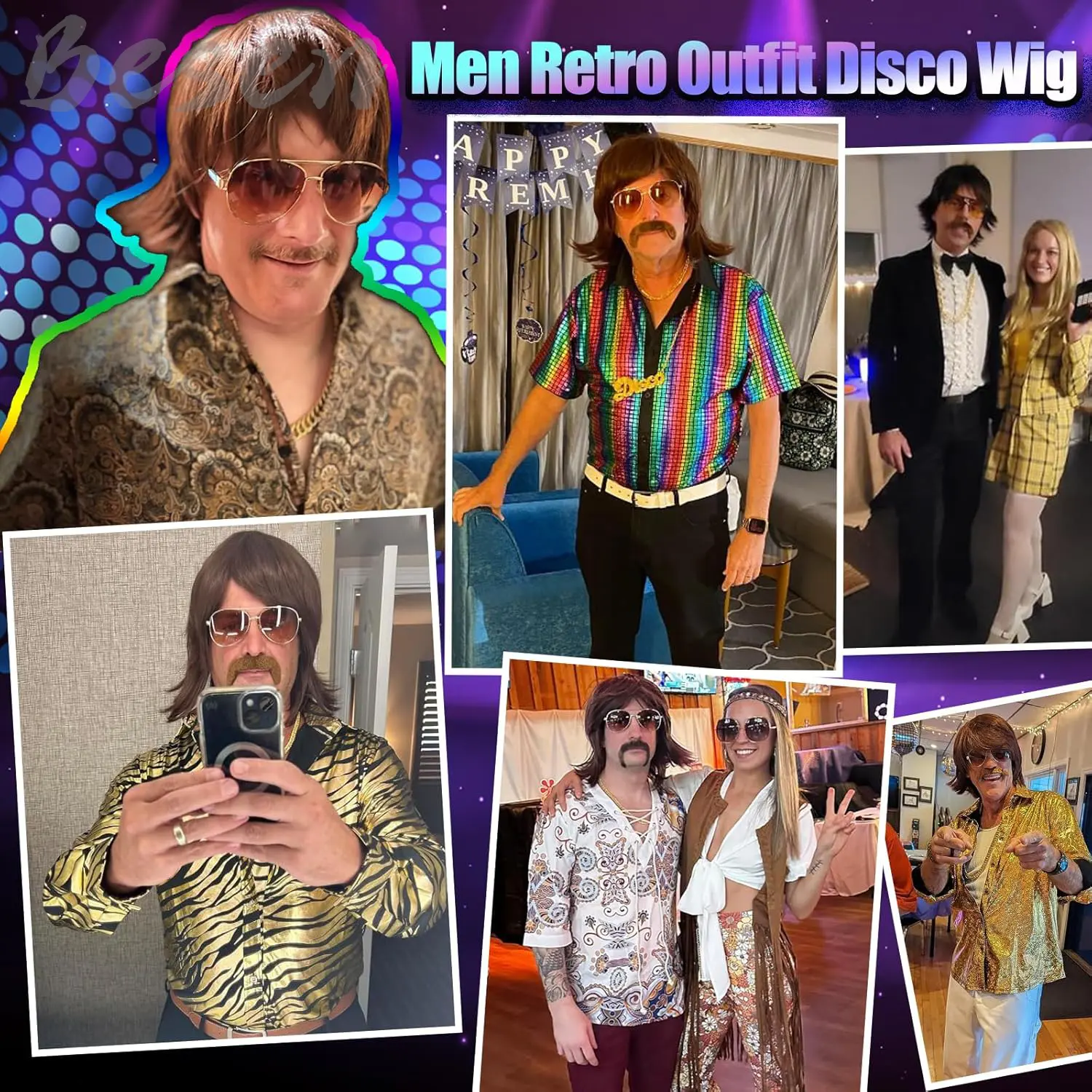Synthetic 70s 80s Disco Wig Short Brown Mens Mullet Wig for 60s Rocker Singer Hippies Shaggy Costume Cosplay Halloween Party