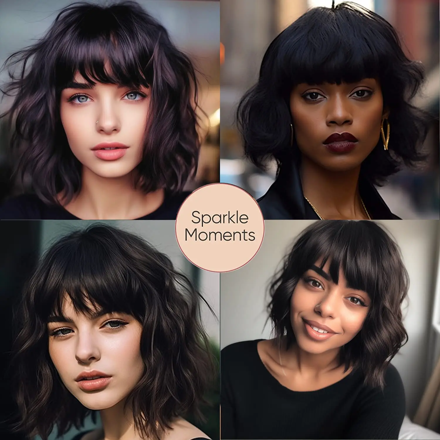 Synthetic Short Curly Bob Wig With Bangs for Women Wavy Shoulder Length Wig Short Water Wave Wig Daily Wear
