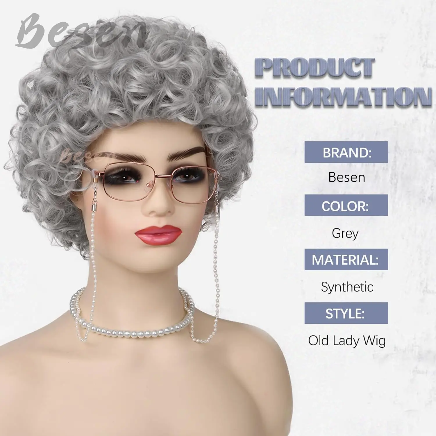 Synthetic Old Lady Costume Wig Women 100 Days of School Costume Grandma Granny Wig Short Curly Grey Wig for Halloween Cosplay