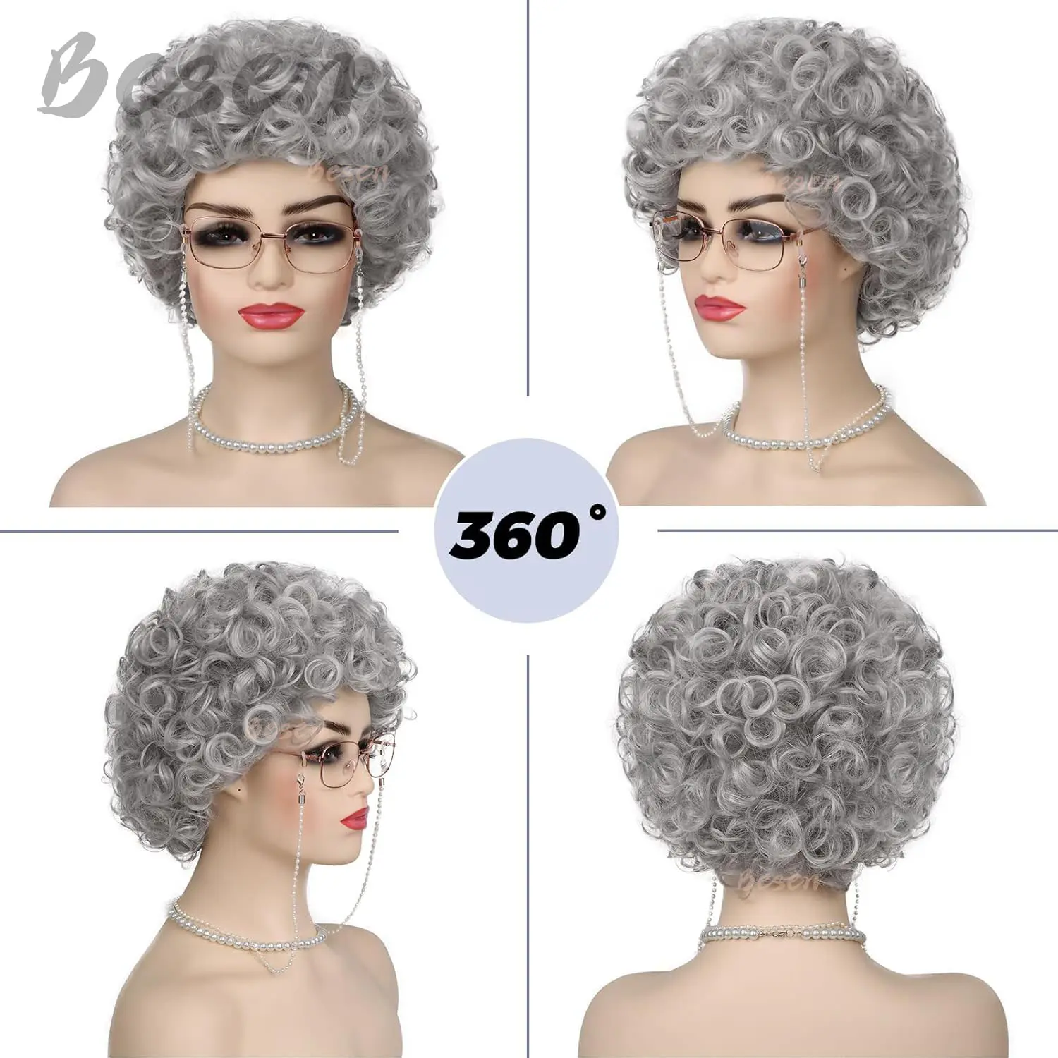 Synthetic Old Lady Costume Wig Women 100 Days of School Costume Grandma Granny Wig Short Curly Grey Wig for Halloween Cosplay