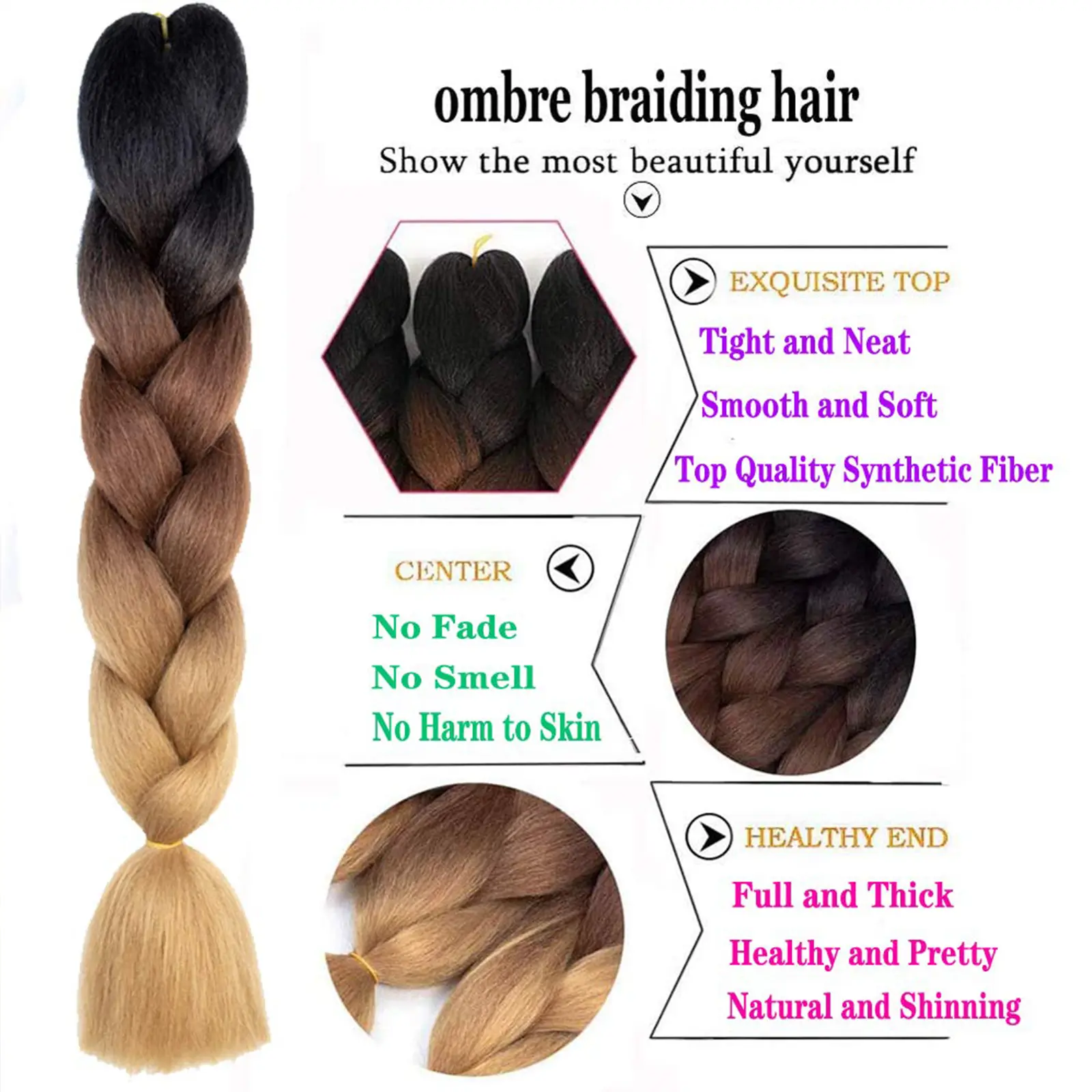 Synthetic 24inch 1Pcs Ombre Jumbo Braiding Hair Extensions High Temperature Fiber Hair Extensions for Box Braids Braiding Hair