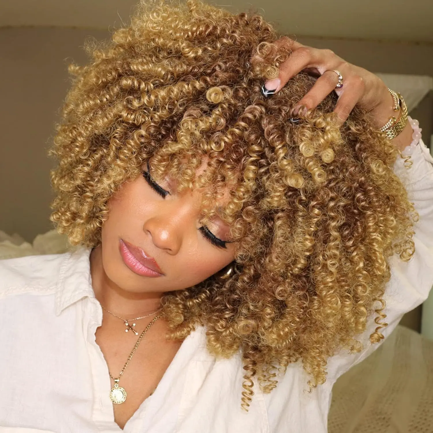 Synthetic Short Kinky Curly Wigs for Women Soft Short Afro Wig with Bangs Heat Resistant Full Afro Curly Wigs for Daily Use