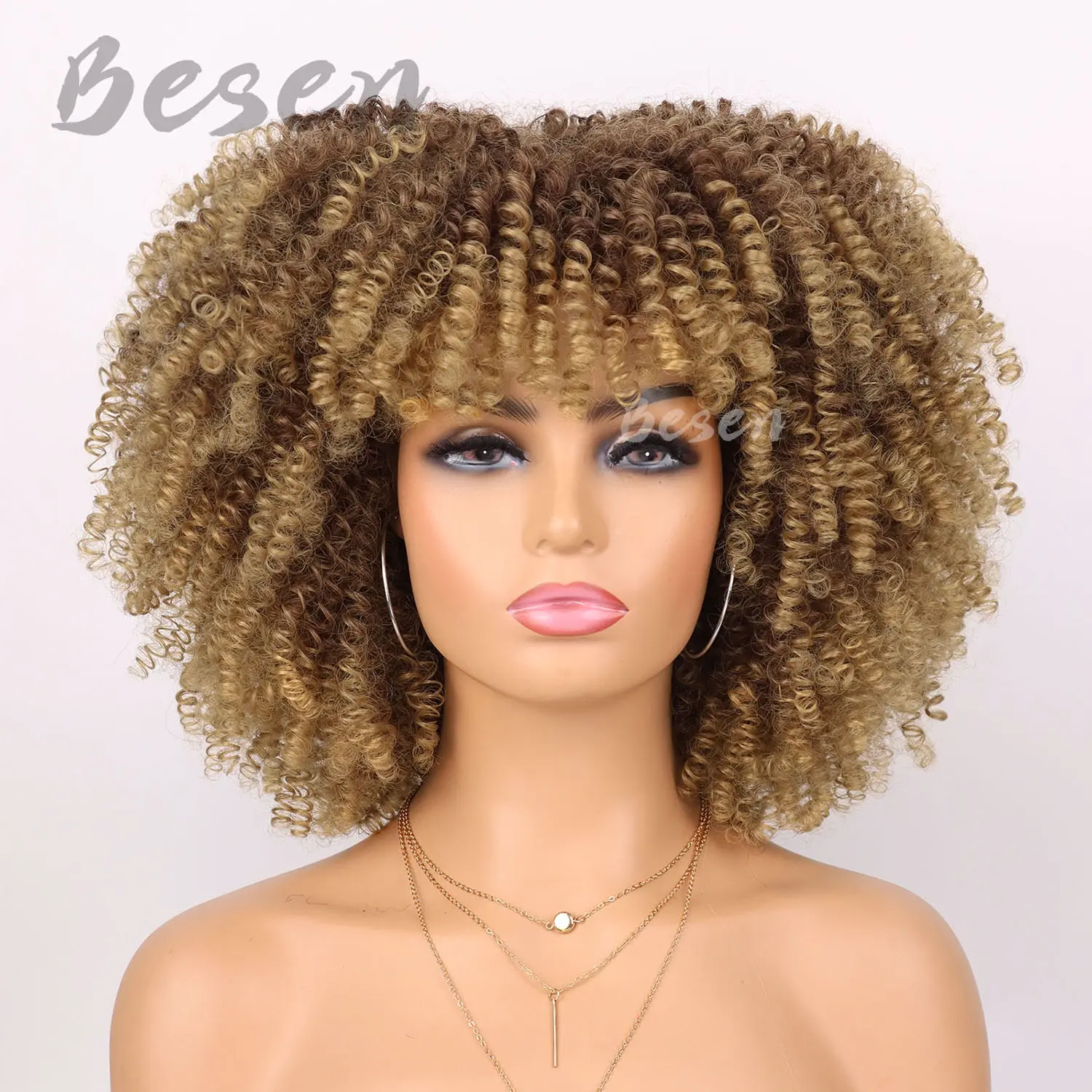 Synthetic Short Kinky Curly Wigs for Women Soft Short Afro Wig with Bangs Heat Resistant Full Afro Curly Wigs for Daily Use