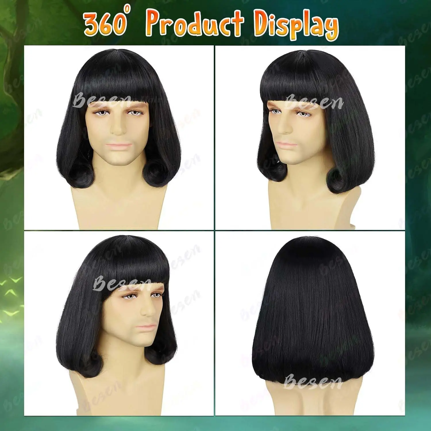 Synthetic Short Black Bob Wig for Man with Flat Full Bangs Funny Wig Cosplay Party Wig 14" Bob Wig with Bangs Lord Farquaad Wig