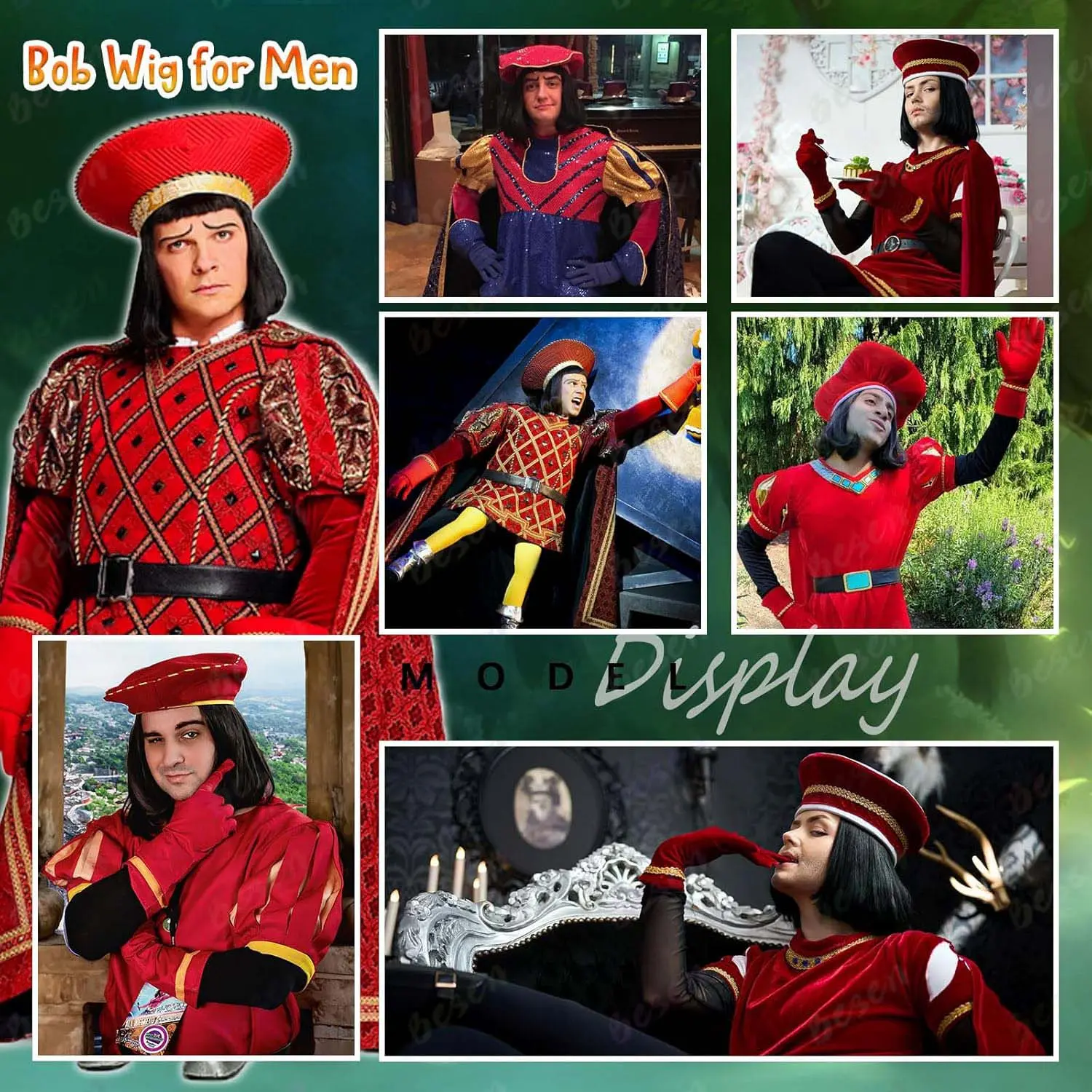 Synthetic Short Black Bob Wig for Man with Flat Full Bangs Funny Wig Cosplay Party Wig 14" Bob Wig with Bangs Lord Farquaad Wig