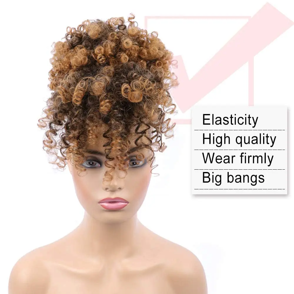 Synthetic Drawstring Ponytail with Bangs Afro Puff Ponytail Extensions Short Curly Puff Ponytail Clip in Wrap Updo Hairpiece