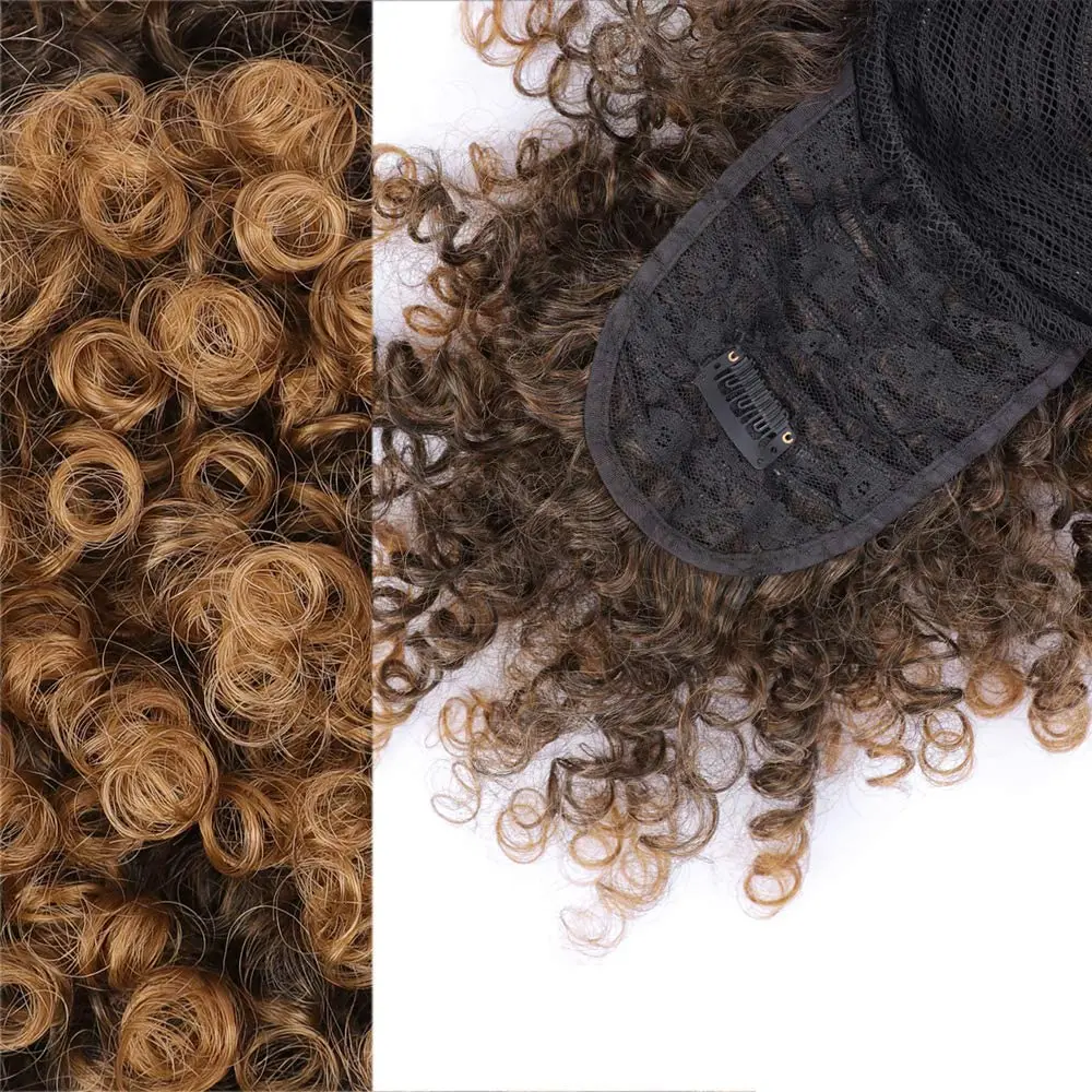 Synthetic Drawstring Ponytail with Bangs Afro Puff Ponytail Extensions Short Curly Puff Ponytail Clip in Wrap Updo Hairpiece