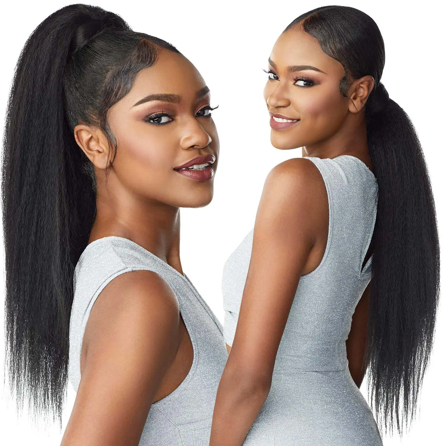 Synthetic Long Kinky Straight Ponytail Extension for Black Women Yaki Wrap Arpund Hair 24 Inch Clip in Magic Paste Pony Tail