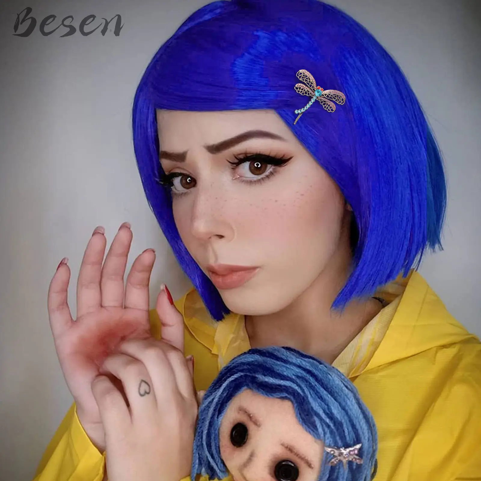 Synthetic Dark Blue Bob Wigs for Coraline Costume Women Girls Women's Costume Wigs Colored Bob Wigs for Cosplay Halloween Party
