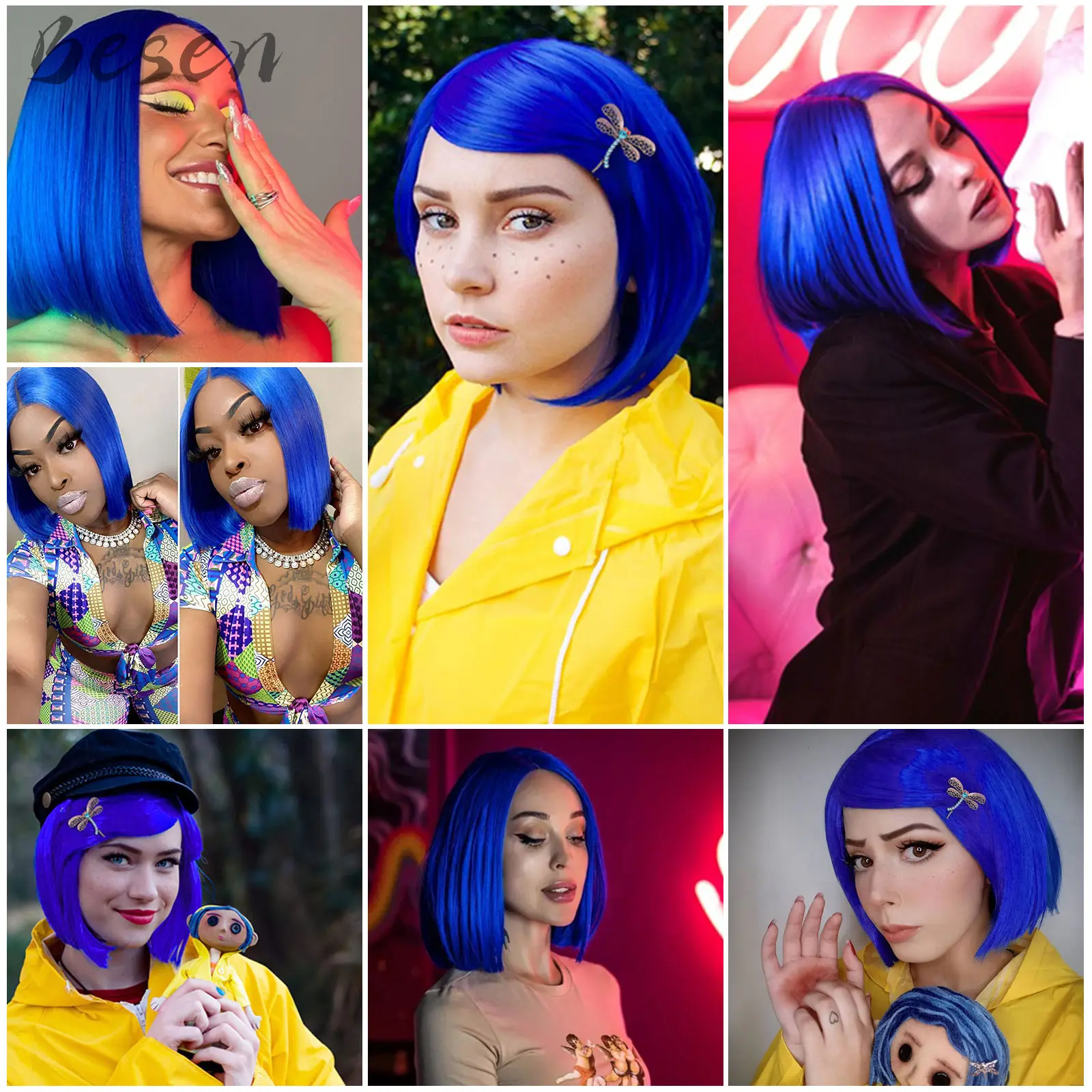 Synthetic Dark Blue Bob Wigs for Coraline Costume Women Girls Women's Costume Wigs Colored Bob Wigs for Cosplay Halloween Party
