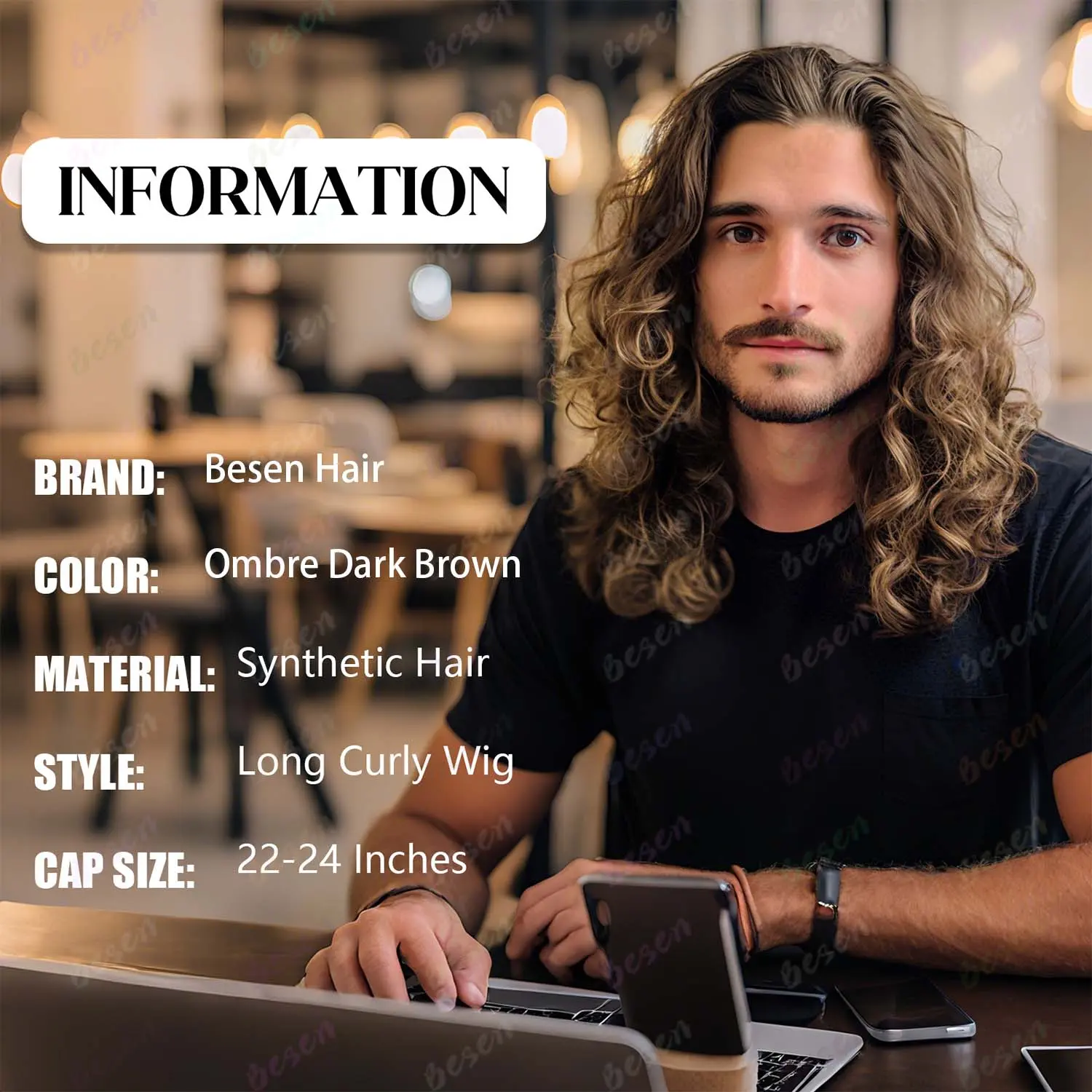 Synthetic Mens Wig Long Curly Wavy Brown Wigs Heat Resistant Male Wig for Daily Party Cosplay Halloween Use, Multi-colored Wigs